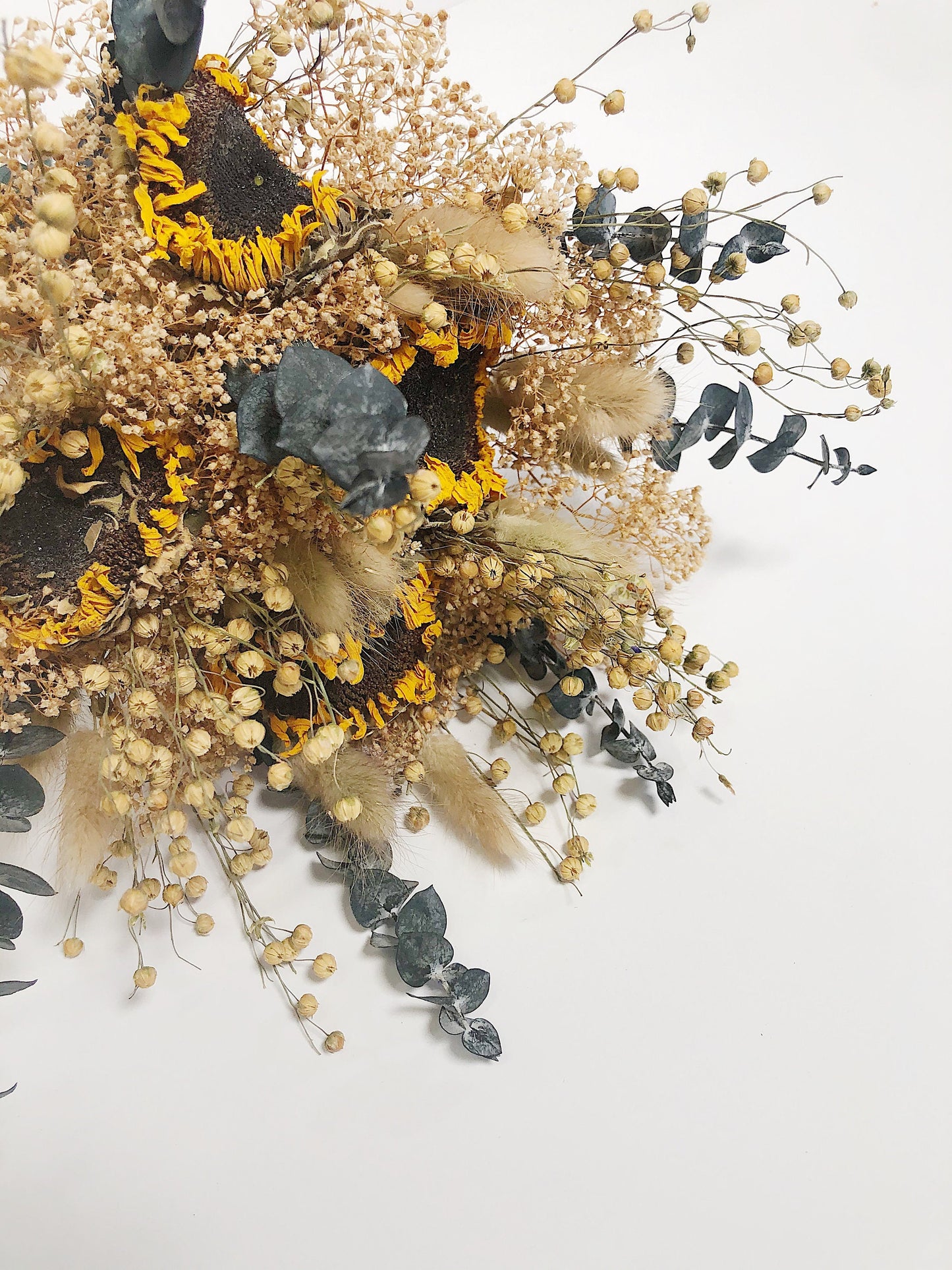 Sunflower Floral Bouquet, Dried Flowers, Preserved Floral, Yellow, Wildflowers, Mini Gyp, Home Decor, Wedding, Bunny Tails, Eucalyptus