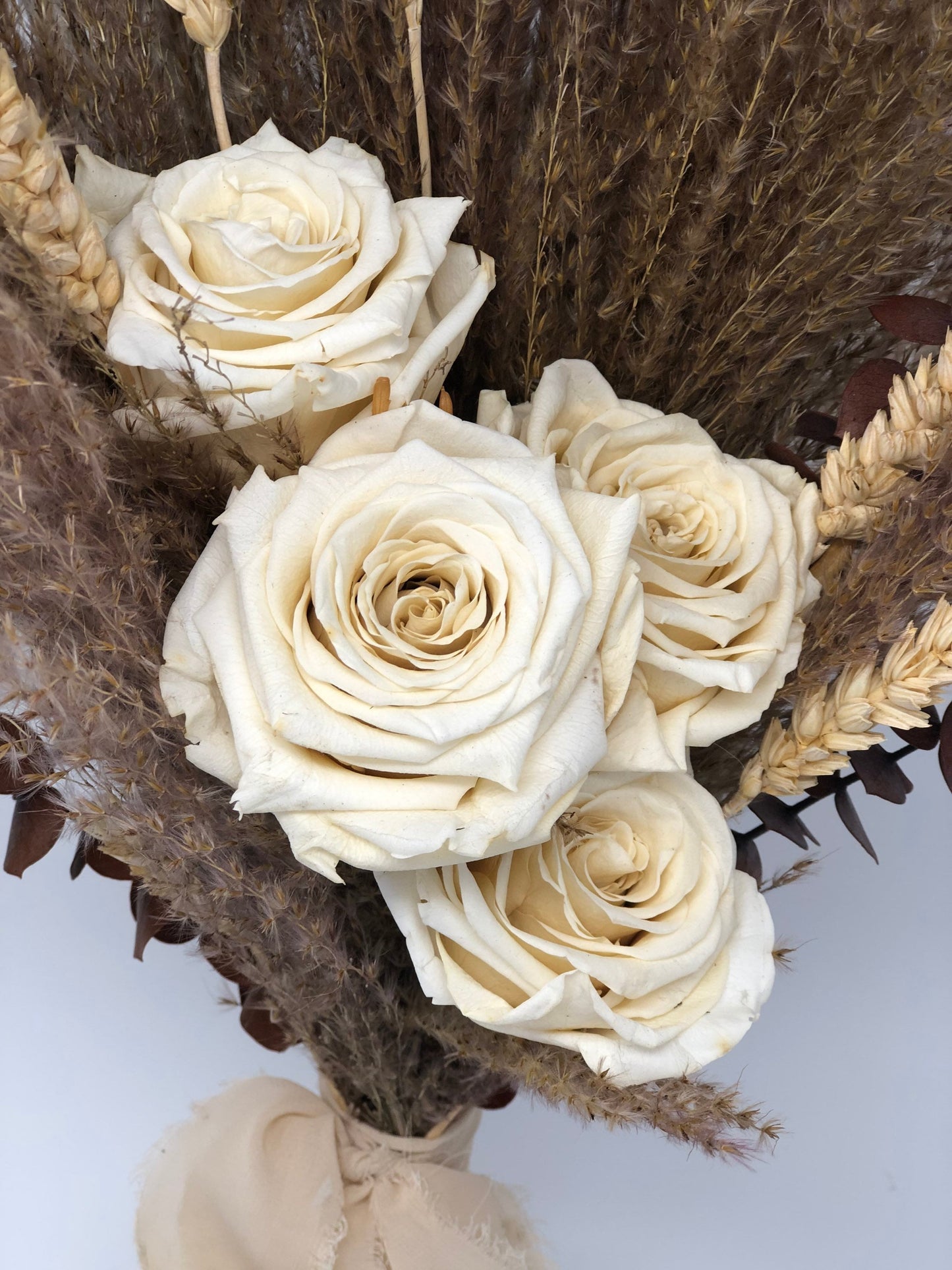 Off White Wedding Bouquet, Preserved Forever Roses, Floral, Beige, Bridal, Fall, Pampas Grass, Ribbon, Wheat, Cream and Green, Neutral Dried
