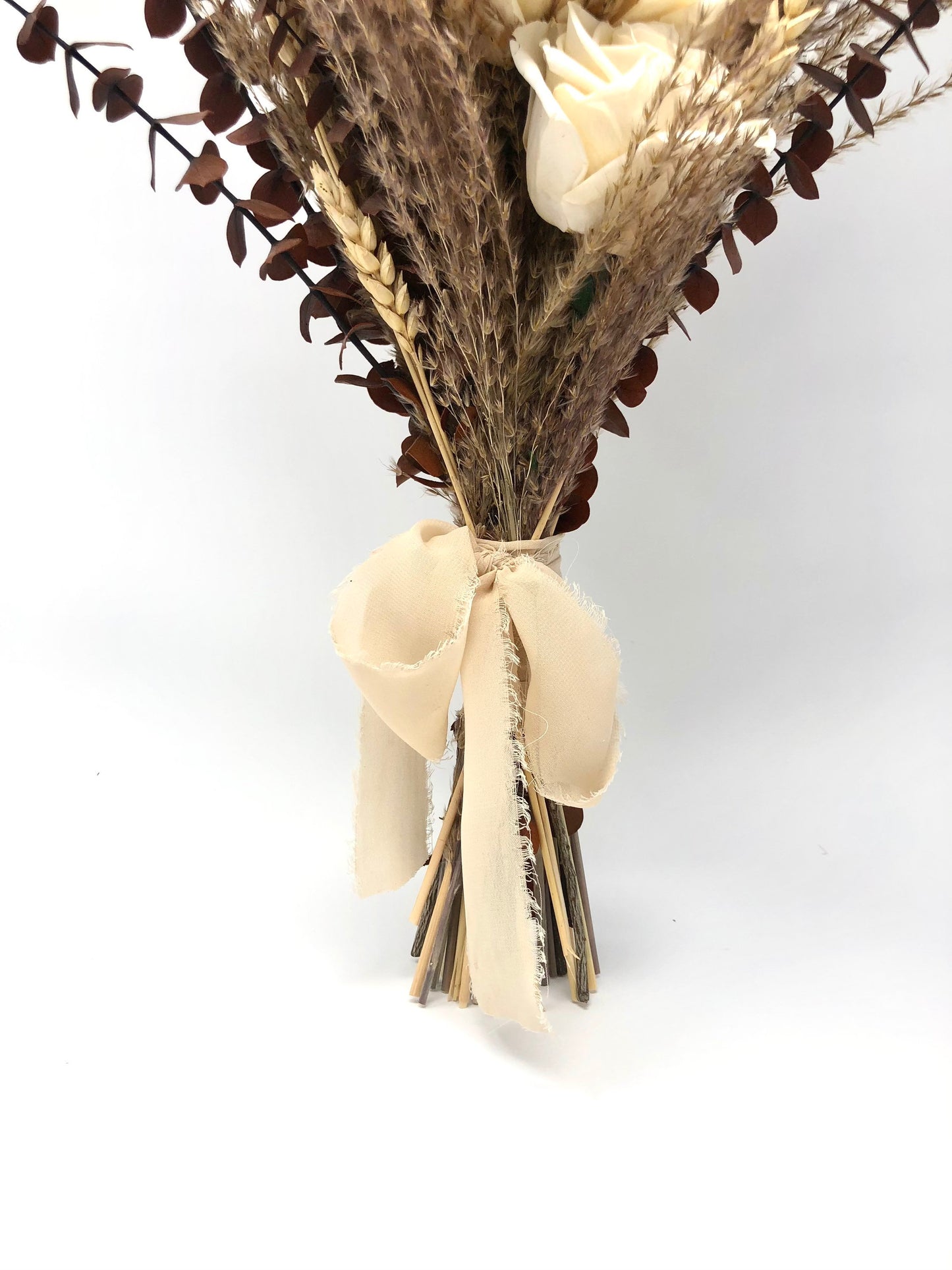 Off White Wedding Bouquet, Preserved Forever Roses, Floral, Beige, Bridal, Fall, Pampas Grass, Ribbon, Wheat, Cream and Green, Neutral Dried
