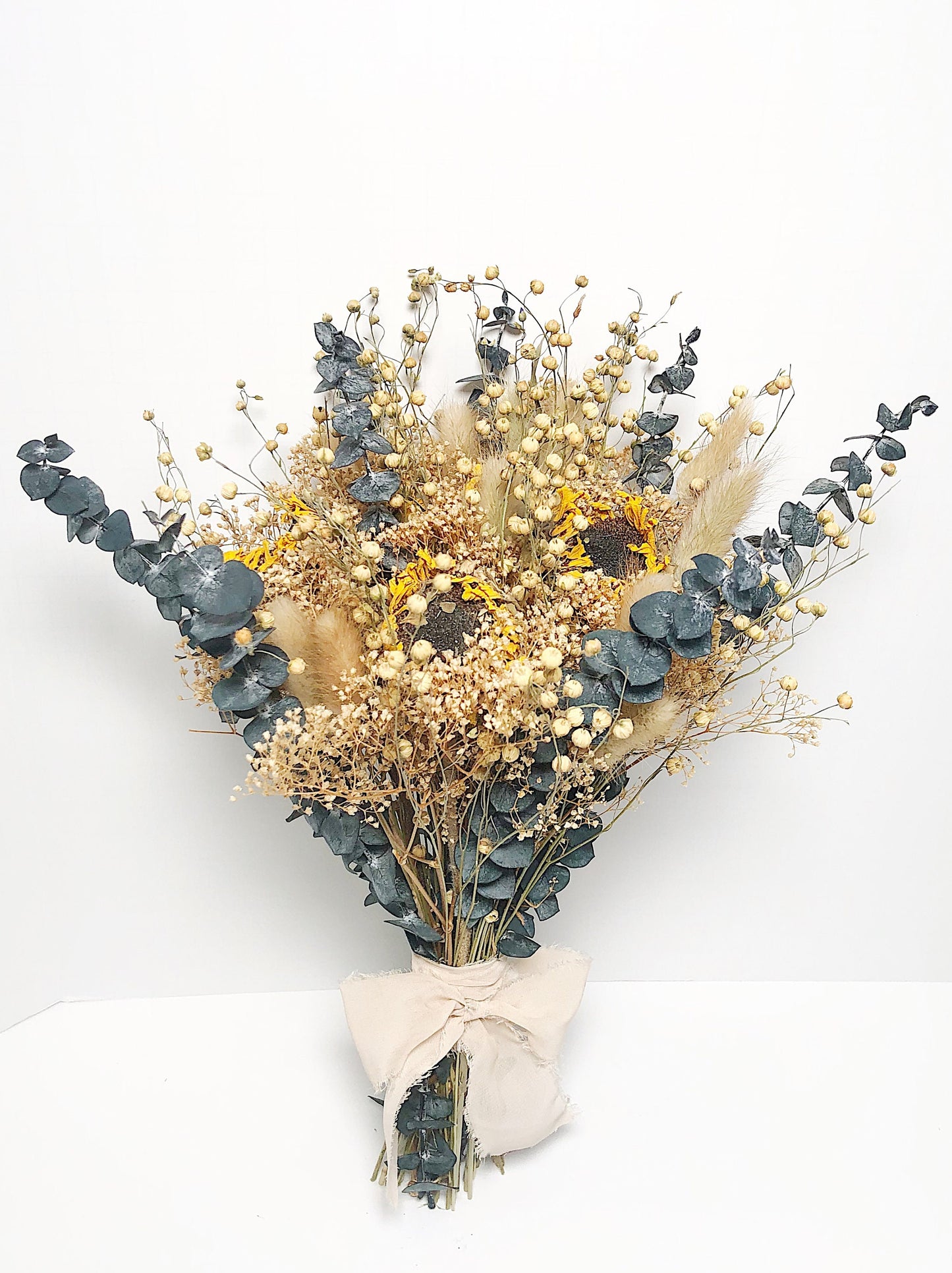 Sunflower Floral Bouquet, Dried Flowers, Preserved Floral, Yellow, Wildflowers, Mini Gyp, Home Decor, Wedding, Bunny Tails, Eucalyptus