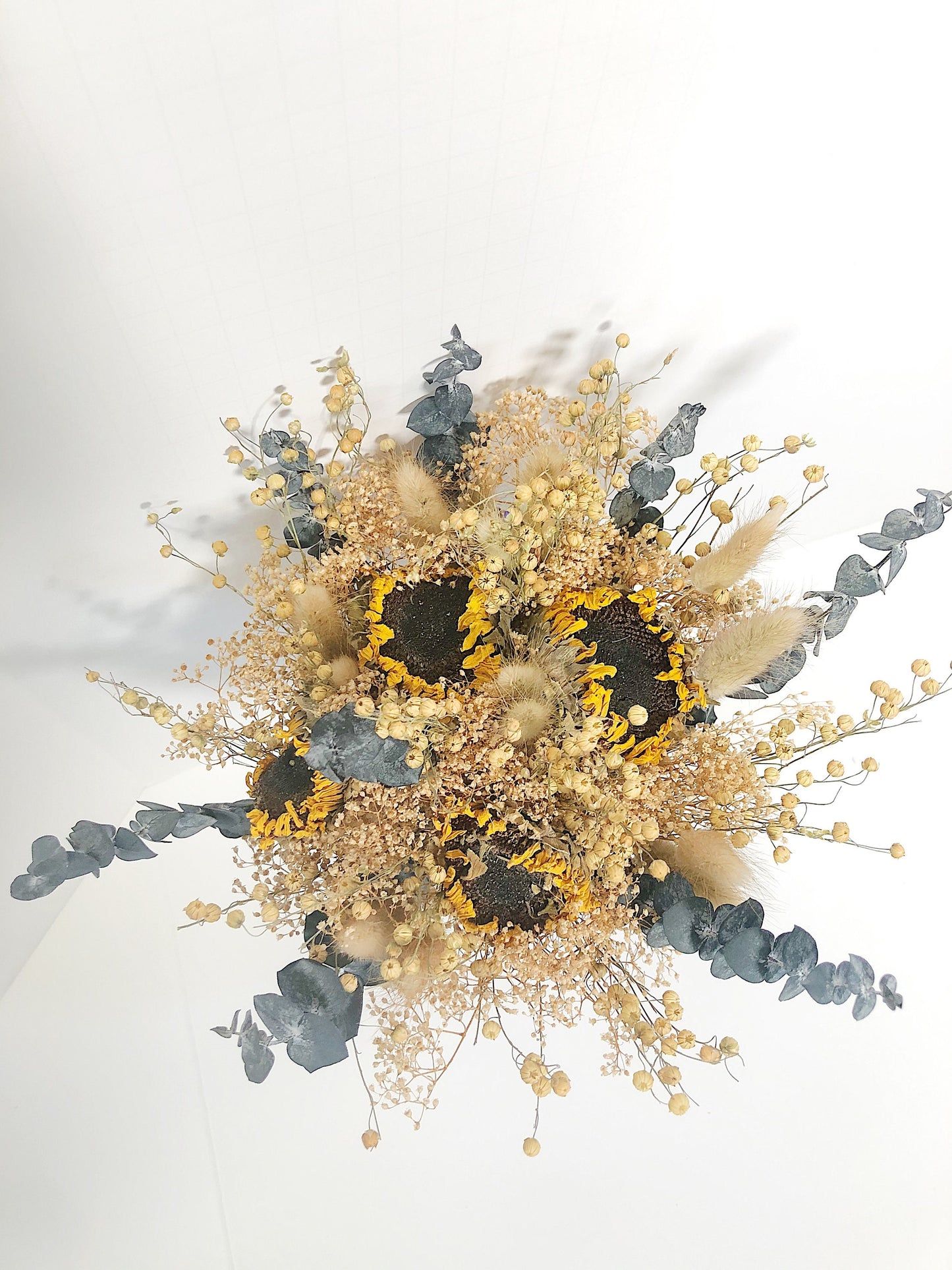 Sunflower Floral Bouquet, Dried Flowers, Preserved Floral, Yellow, Wildflowers, Mini Gyp, Home Decor, Wedding, Bunny Tails, Eucalyptus