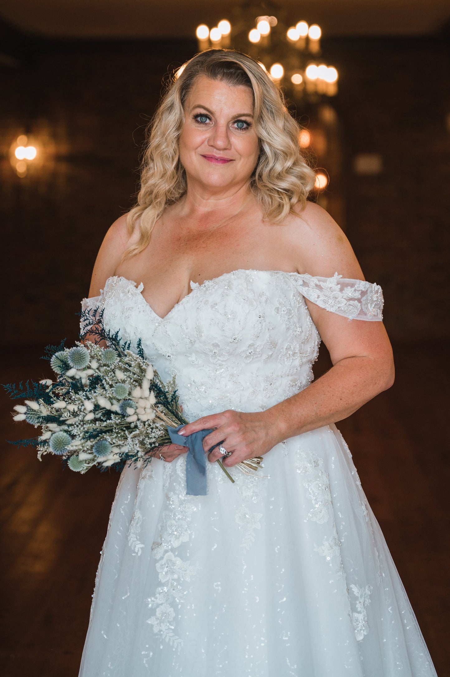 Clear Skies Collection, Wedding Bouquet, Dried Flowers, Winter, Preserved, Bridal, Globe Thistle, Bunny Tails, White, Ribbon, German Statice, Caspia, Blue, Dried