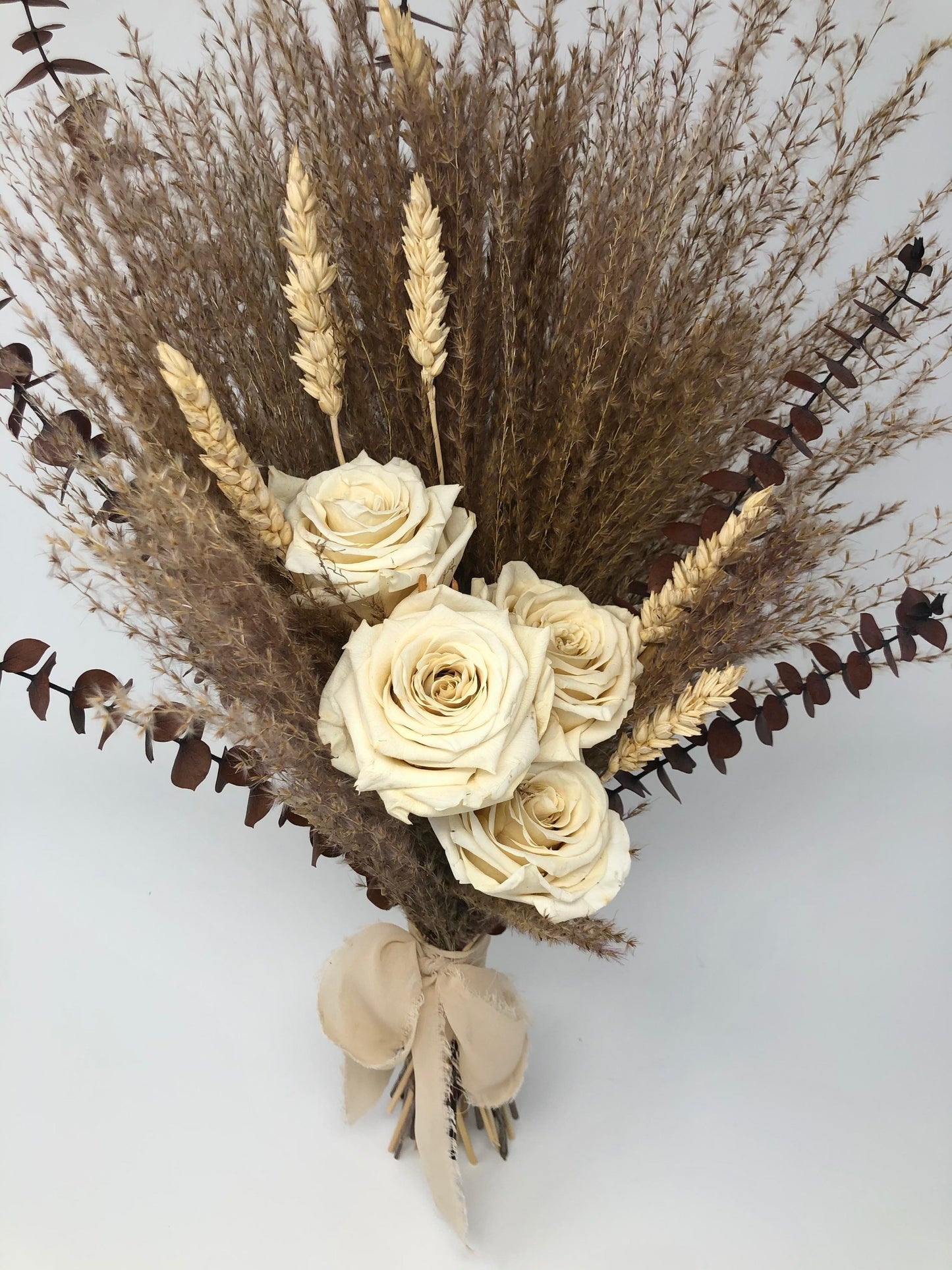 Off White Wedding Bouquet, Preserved Forever Roses, Floral, Beige, Bridal, Fall, Pampas Grass, Ribbon, Wheat, Cream and Green, Neutral Dried