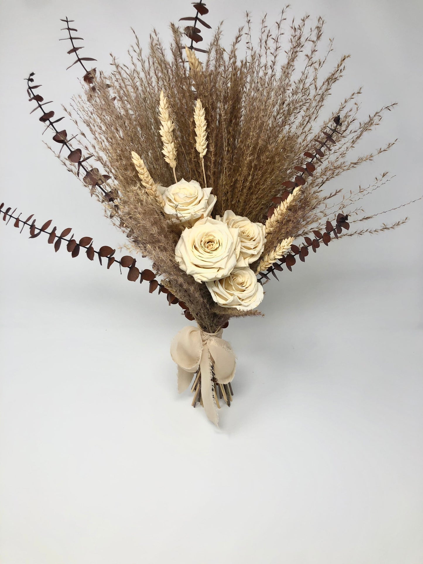 Off White Wedding Bouquet, Preserved Forever Roses, Floral, Beige, Bridal, Fall, Pampas Grass, Ribbon, Wheat, Cream and Green, Neutral Dried