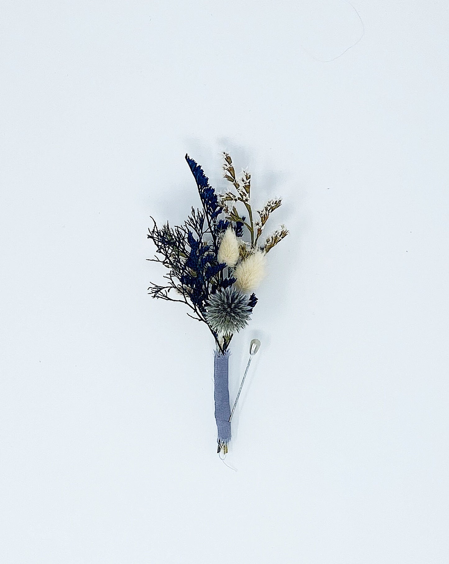 Clear Skies Collection, Wedding Bouquet, Dried Flowers, Winter, Preserved, Bridal, Globe Thistle, Bunny Tails, White, Ribbon, German Statice, Caspia, Blue, Dried