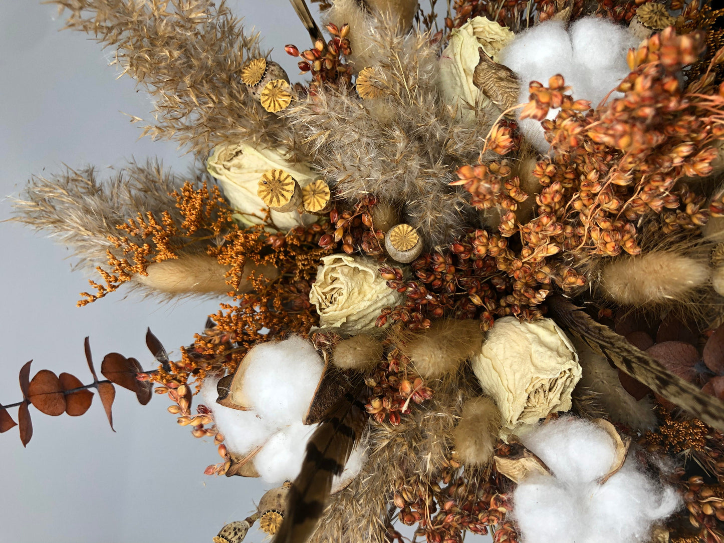 Orange Bouquet, Fall Bouquet, Dried, Preserved Flowers, House Decoration, Dried Roses, Pampas, Bunny Tail, Feathers, Eucalyptus