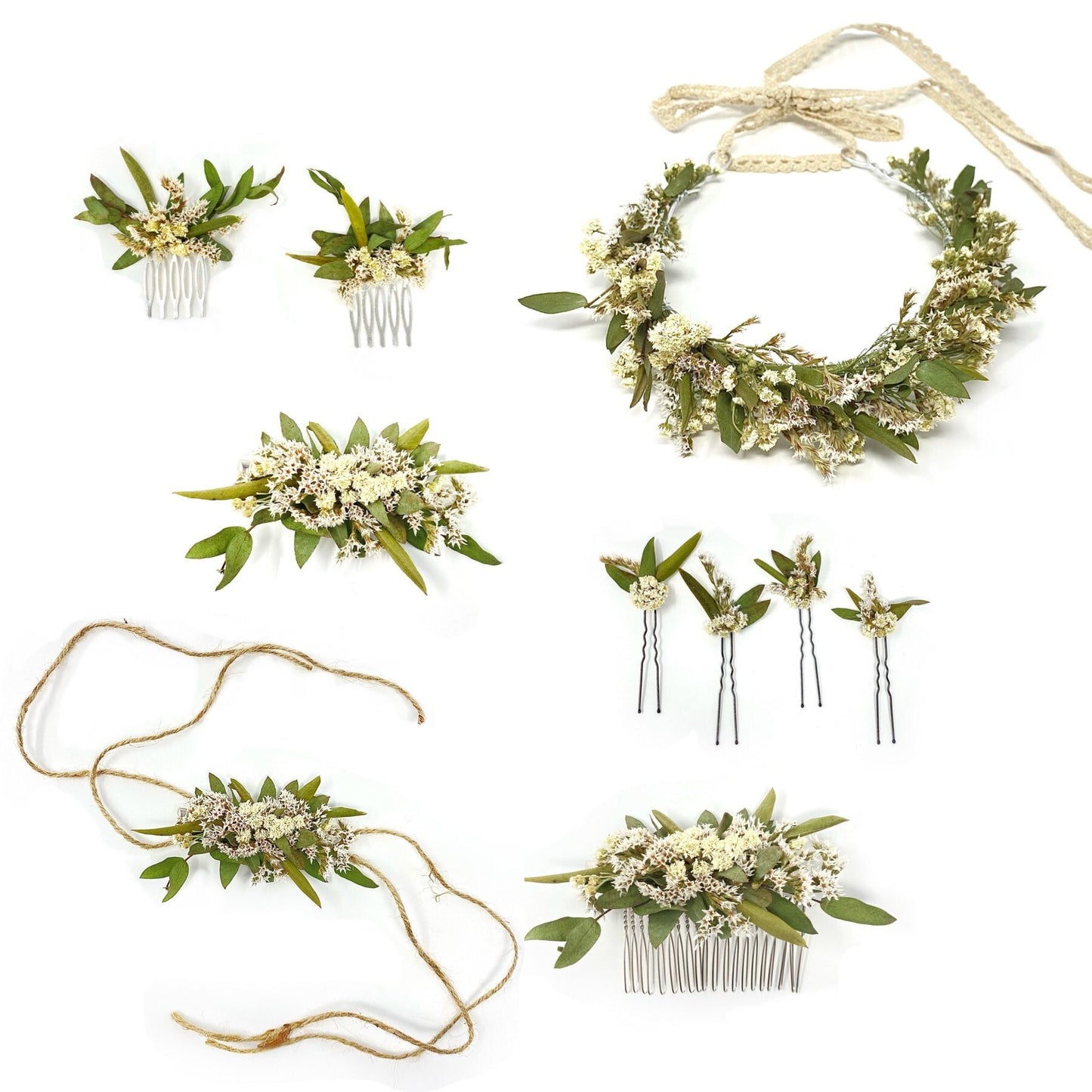 White Green Wedding Bouquet, Tear Drop Eucalyptus, Olive Branches, Fairy, Light, Clean, Earthy, Whimsical, Forest, Decor, Hairpins, Haircomb