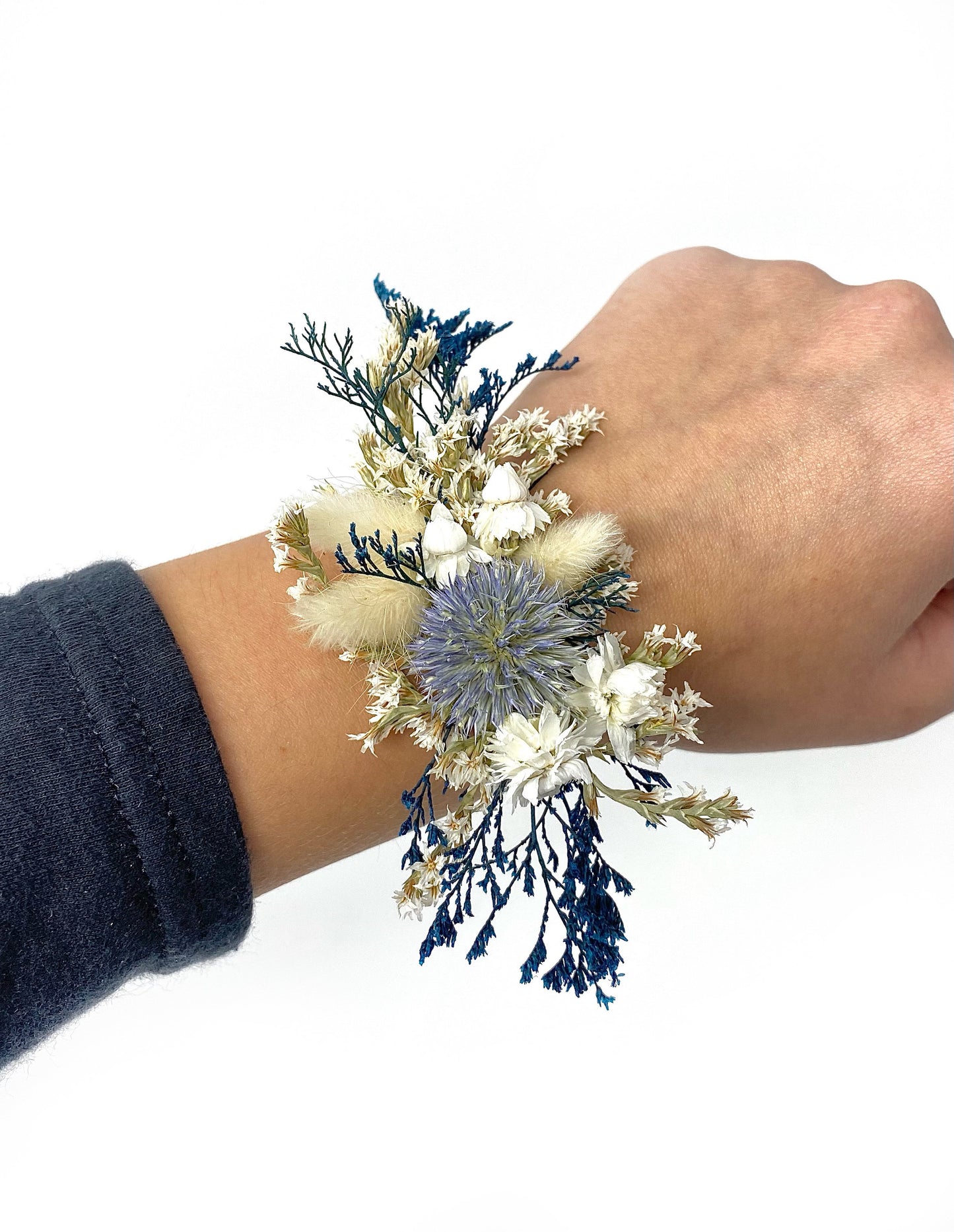 Clear Skies Collection, Wedding Bouquet, Dried Flowers, Winter, Preserved, Bridal, Globe Thistle, Bunny Tails, White, Ribbon, German Statice, Caspia, Blue, Dried