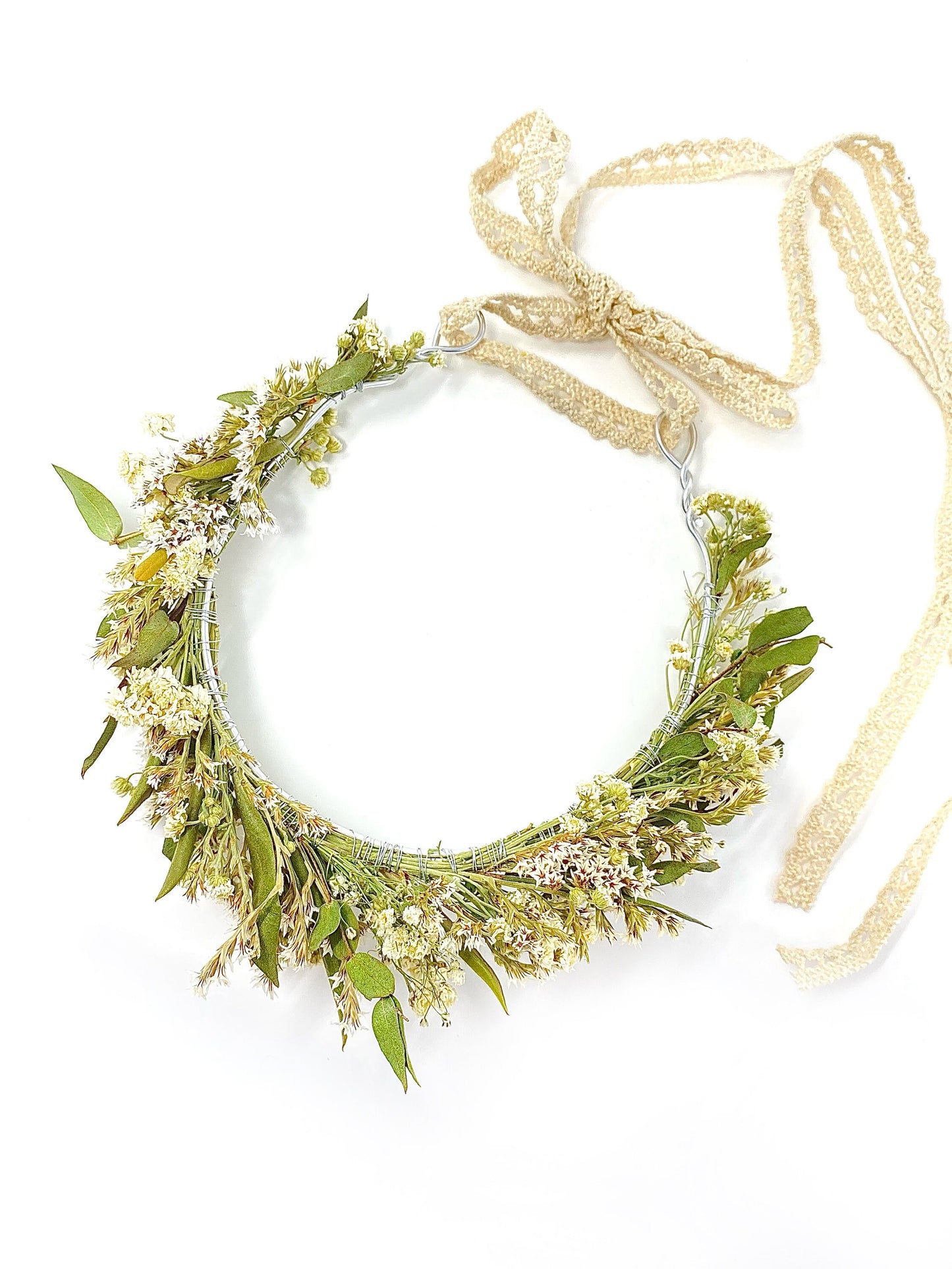 Wedding Head Wreath, Dried Flowers, Preserved Floral, Hair Accessories, Bridal, Greenery, Green and White Crown, German Statice, Photoshoot