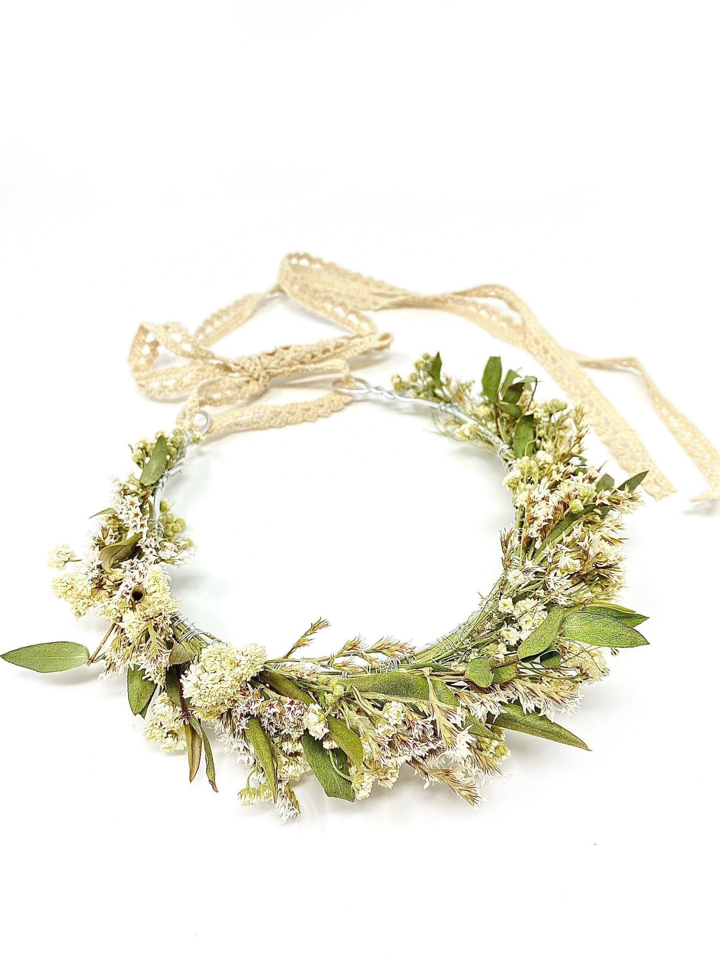 Wedding Head Wreath, Dried Flowers, Preserved Floral, Hair Accessories, Bridal, Greenery, Green and White Crown, German Statice, Photoshoot