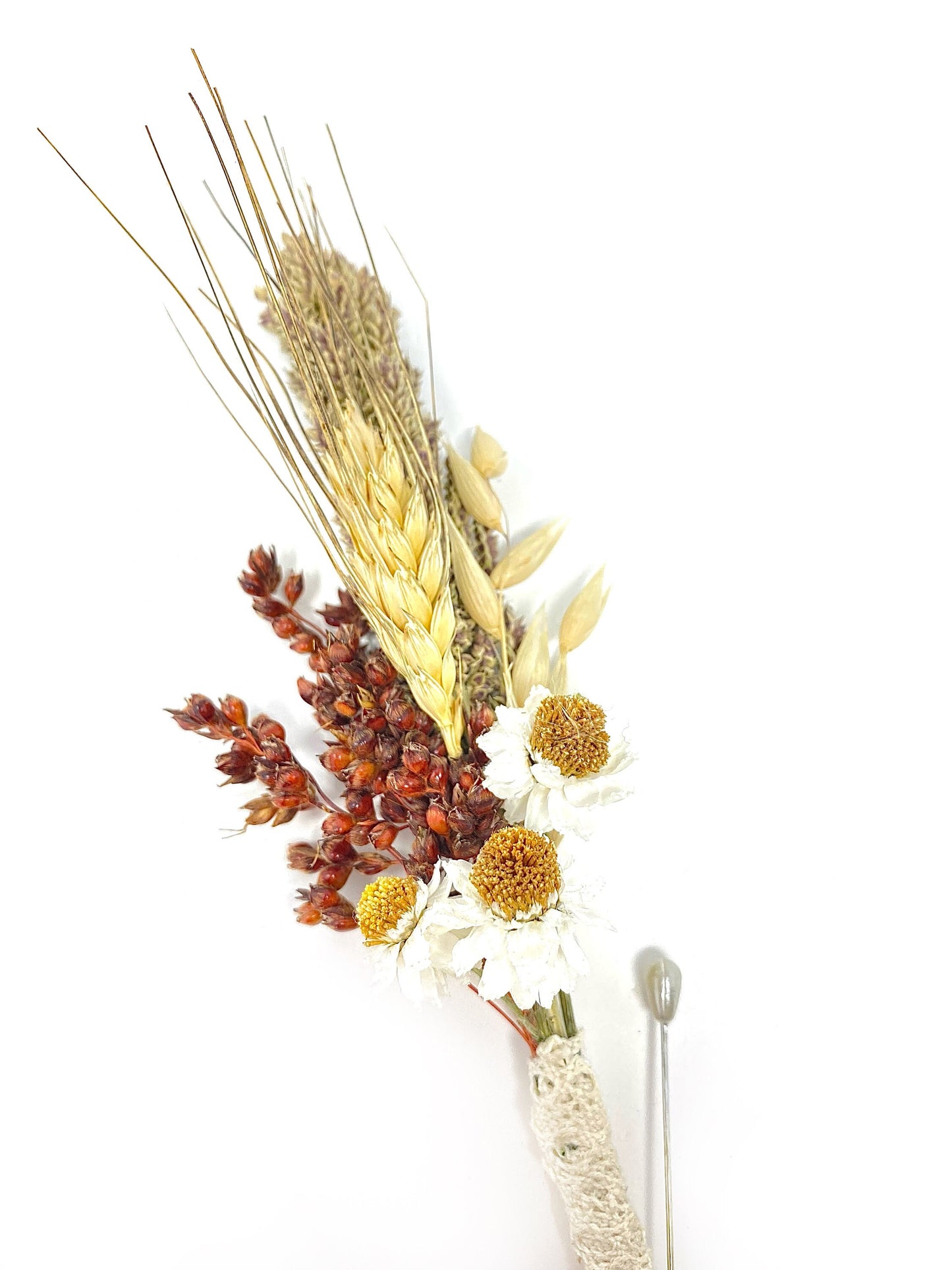Wedding Boutonniere, Preserved Flowers, Dried Floral, Bridal Accessories, Ammobium, Broom Corn, Beige and Red
