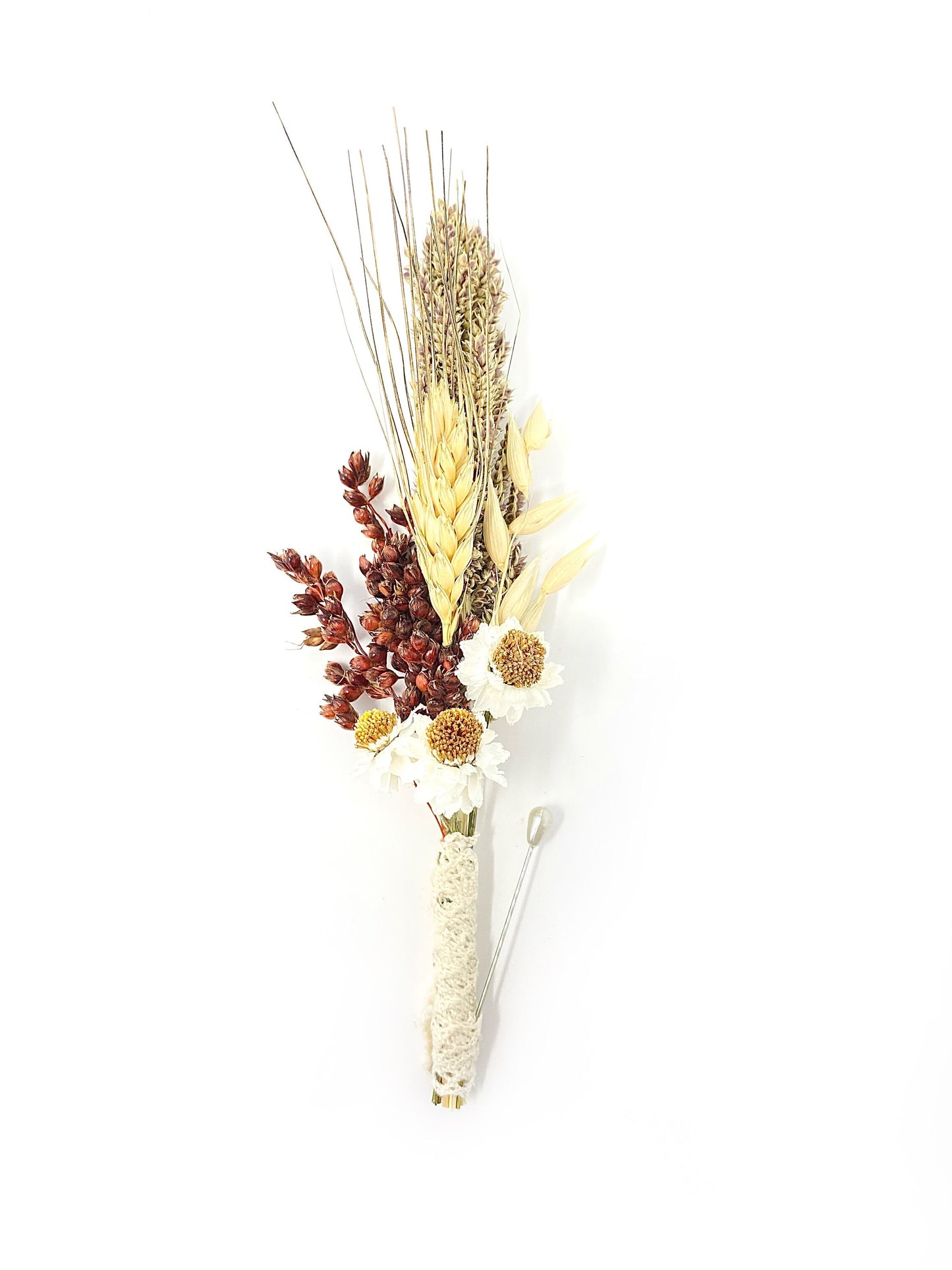 Wedding Boutonniere, Preserved Flowers, Dried Floral, Bridal Accessories, Ammobium, Broom Corn, Beige and Red