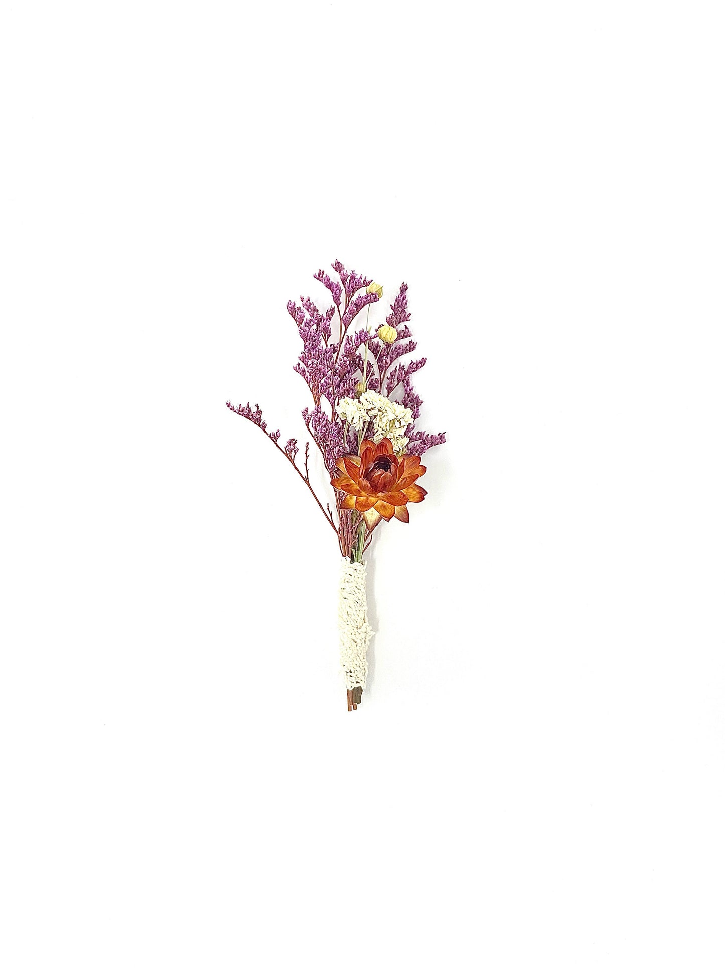 Boutonniere, Dried Flowers, Wedding Accessories, Preserved Floral, Bridal, Strawflower, Purple and Orange, Caspia
