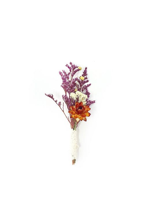 Boutonniere, Dried Flowers, Wedding Accessories, Preserved Floral, Bridal, Strawflower, Purple and Orange, Caspia