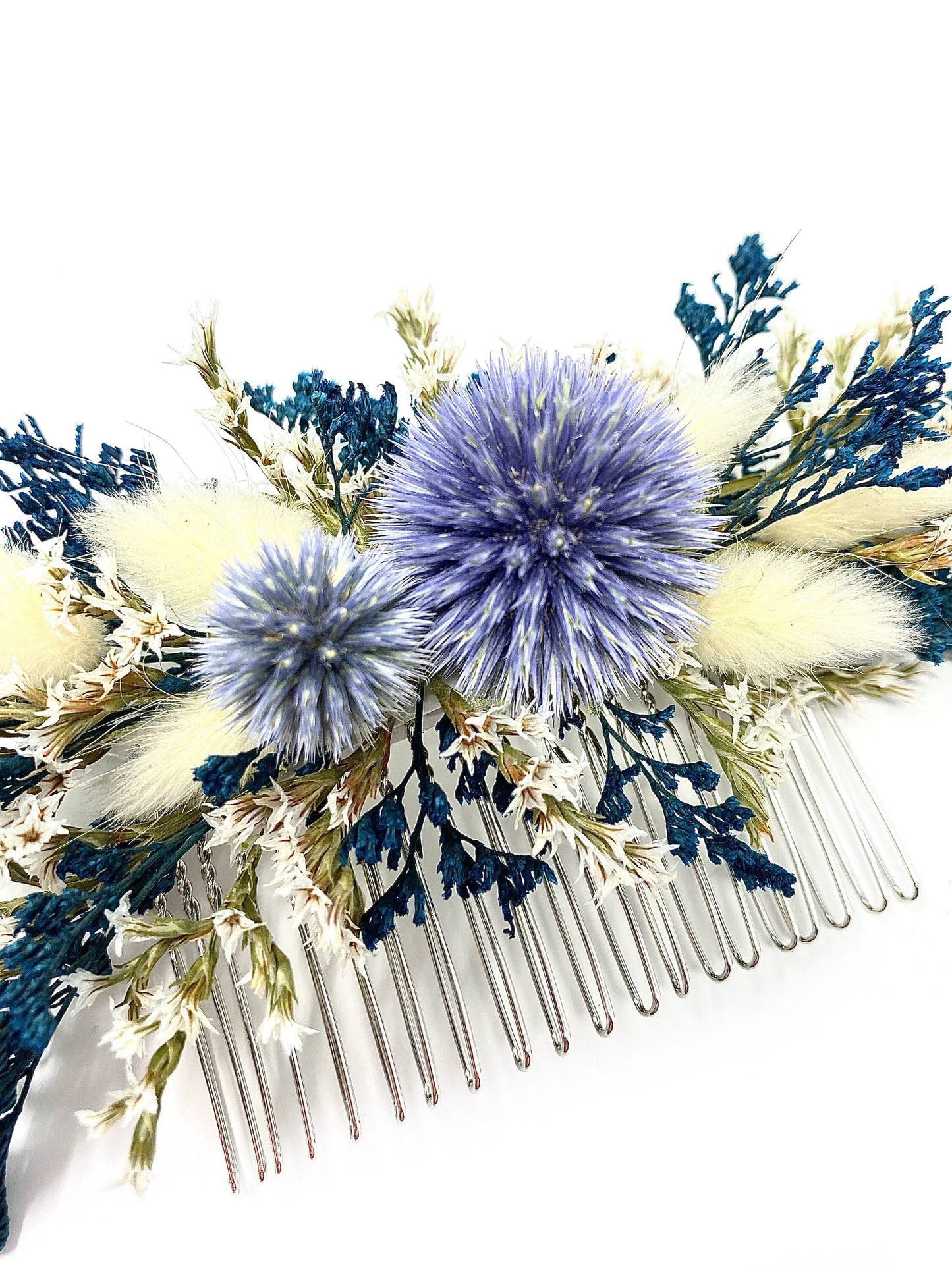 Hair Comb, Dried flowers, preserved flowers, floral comb, hair clip, hair accessories, wedding accessory, bunny tails, globe thistles, White