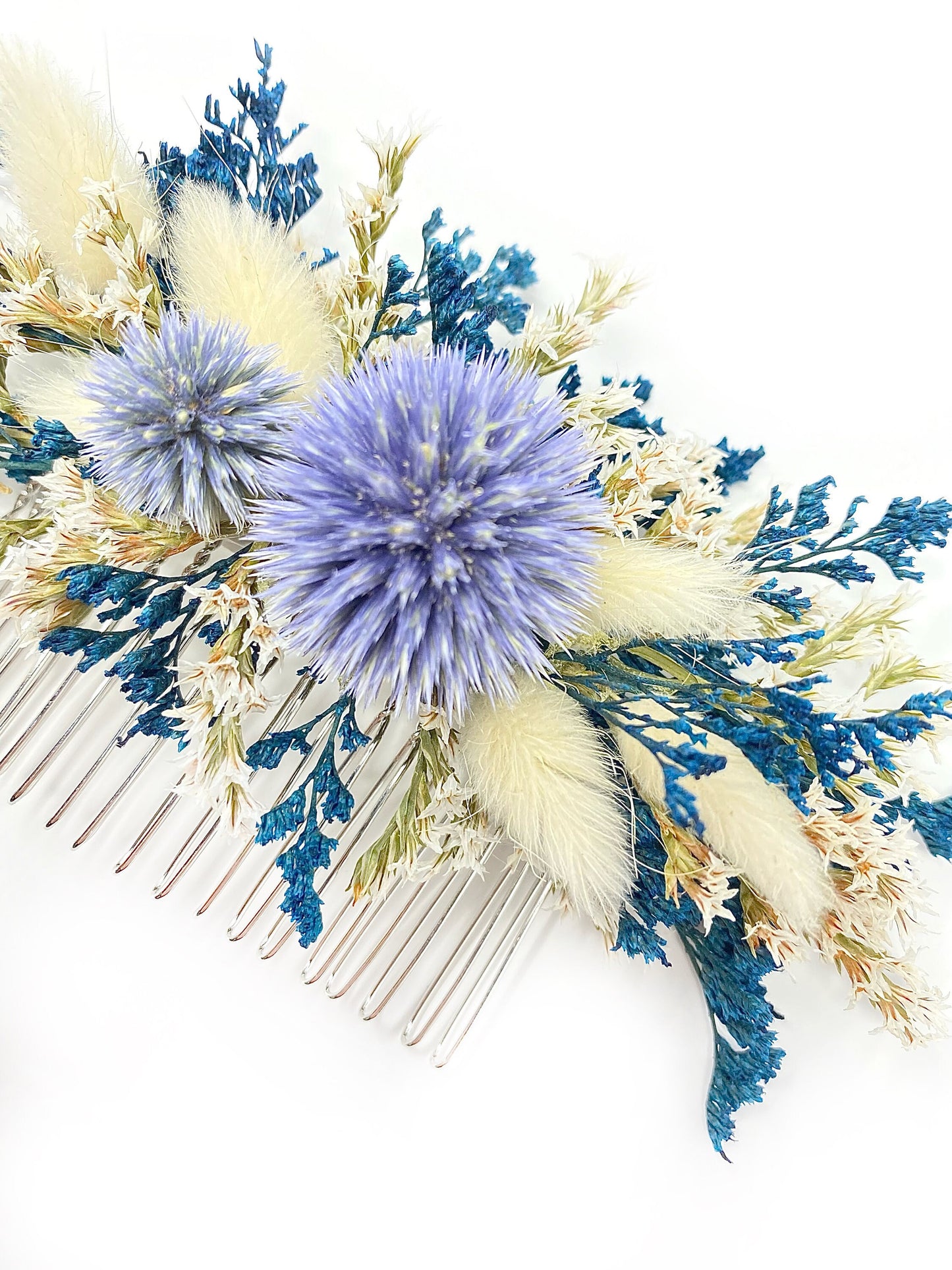 Hair Comb, Dried flowers, preserved flowers, floral comb, hair clip, hair accessories, wedding accessory, bunny tails, globe thistles, White