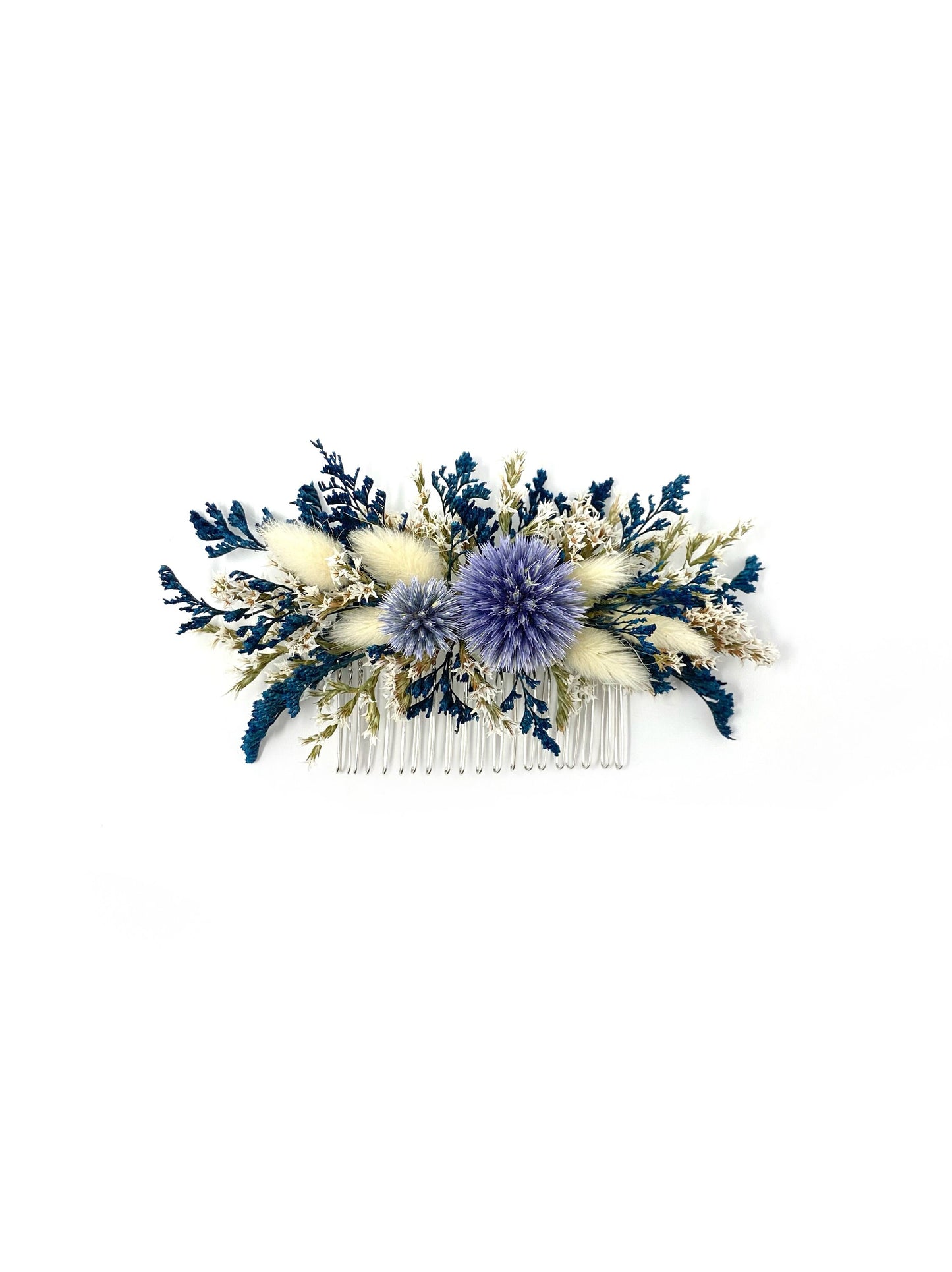 Hair Comb, Dried flowers, preserved flowers, floral comb, hair clip, hair accessories, wedding accessory, bunny tails, globe thistles, White