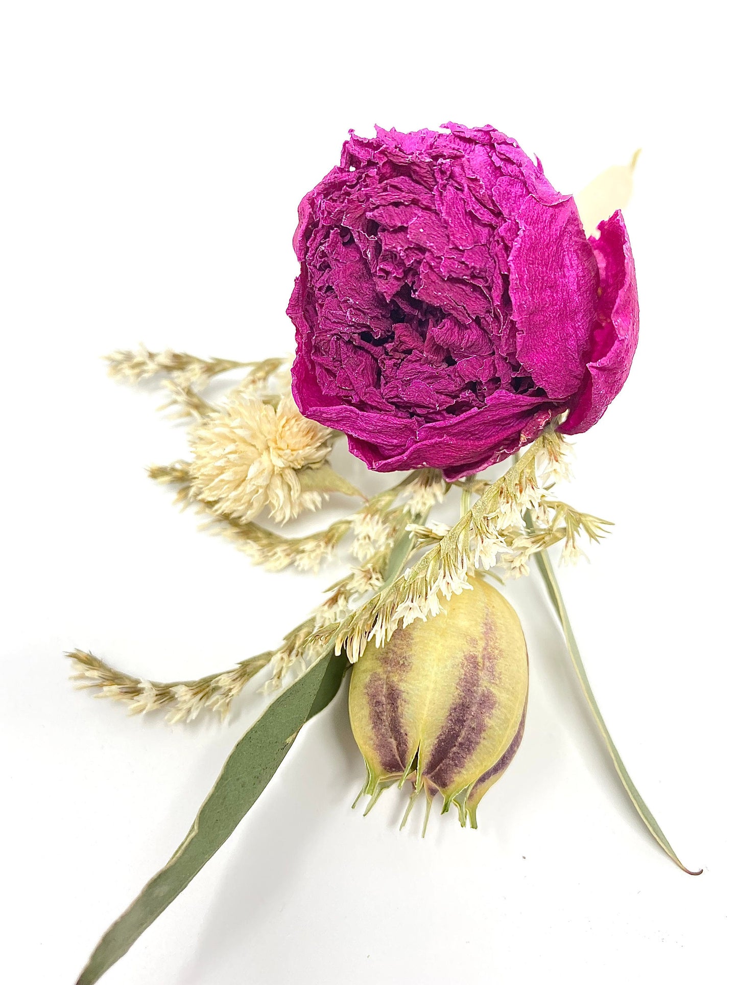 Wedding Boutonniere, Dried Flowers, Preserved Floral, Peony, Decor, Bridal Accessories, German Statice, Greenery, Purple and Green
