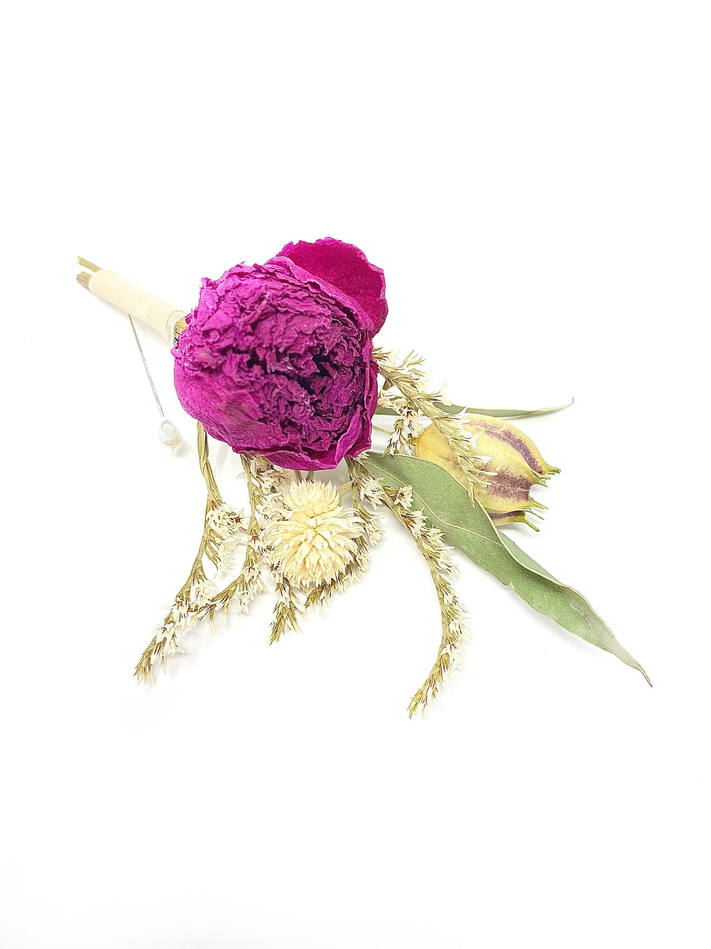 Wedding Boutonniere, Dried Flowers, Preserved Floral, Peony, Decor, Bridal Accessories, German Statice, Greenery, Purple and Green