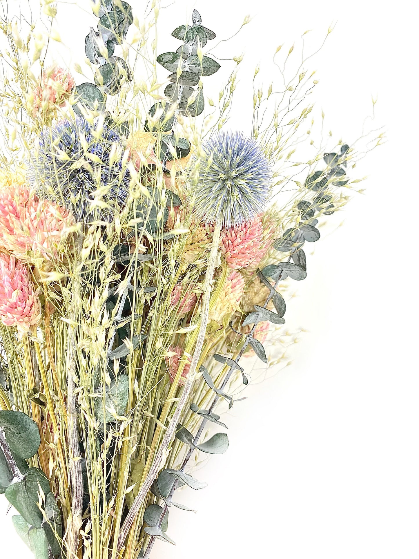 Wedding Bouquet, Dried Flowers, Preserved Floral, Peonies, Pink and Blue, Eucalyptus, Bridal, Globe Thistle, Cream, Spring Bouquet