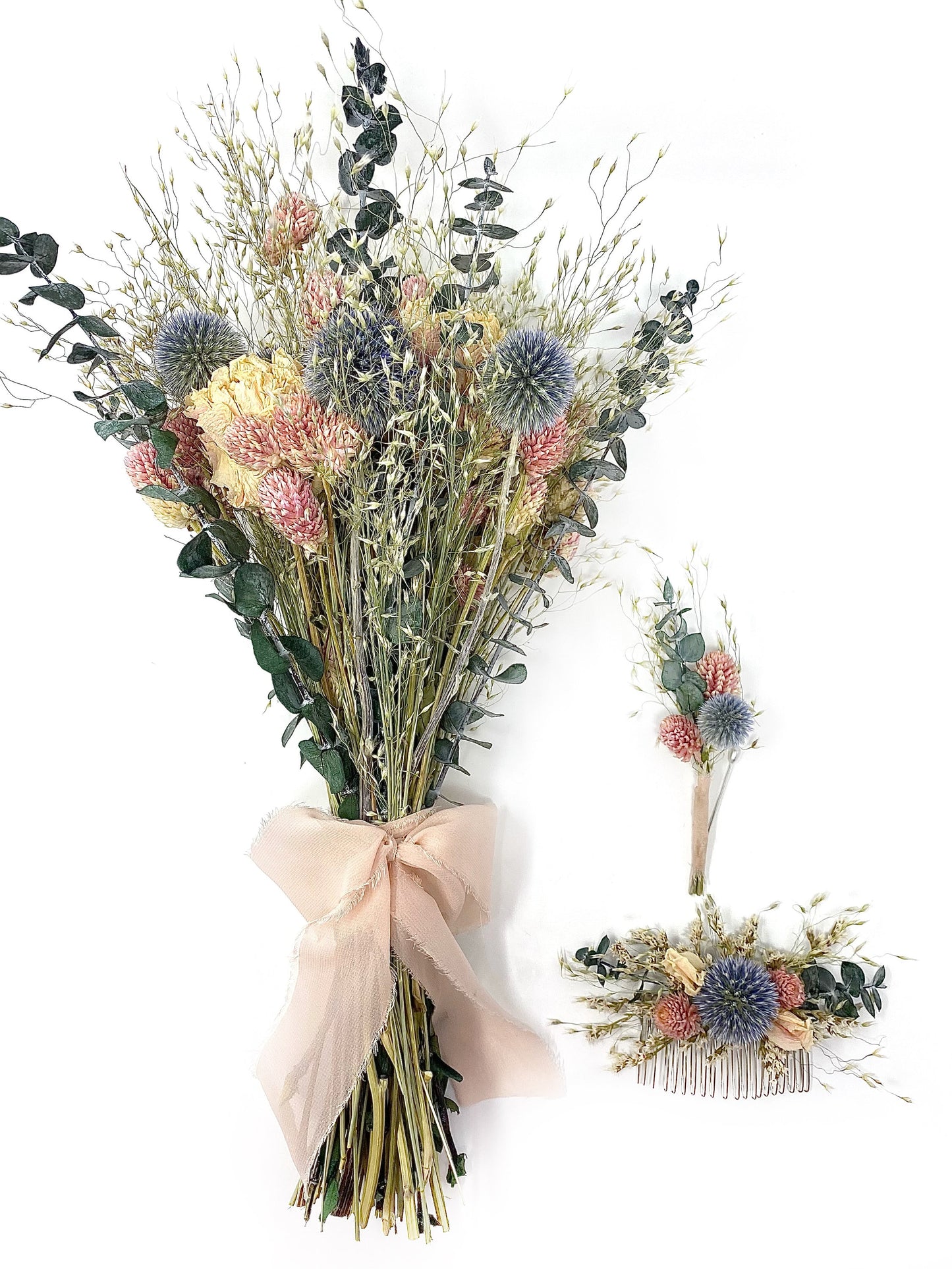 Wedding Bouquet, Dried Flowers, Preserved Floral, Peonies, Pink and Blue, Eucalyptus, Bridal, Globe Thistle, Cream, Spring Bouquet