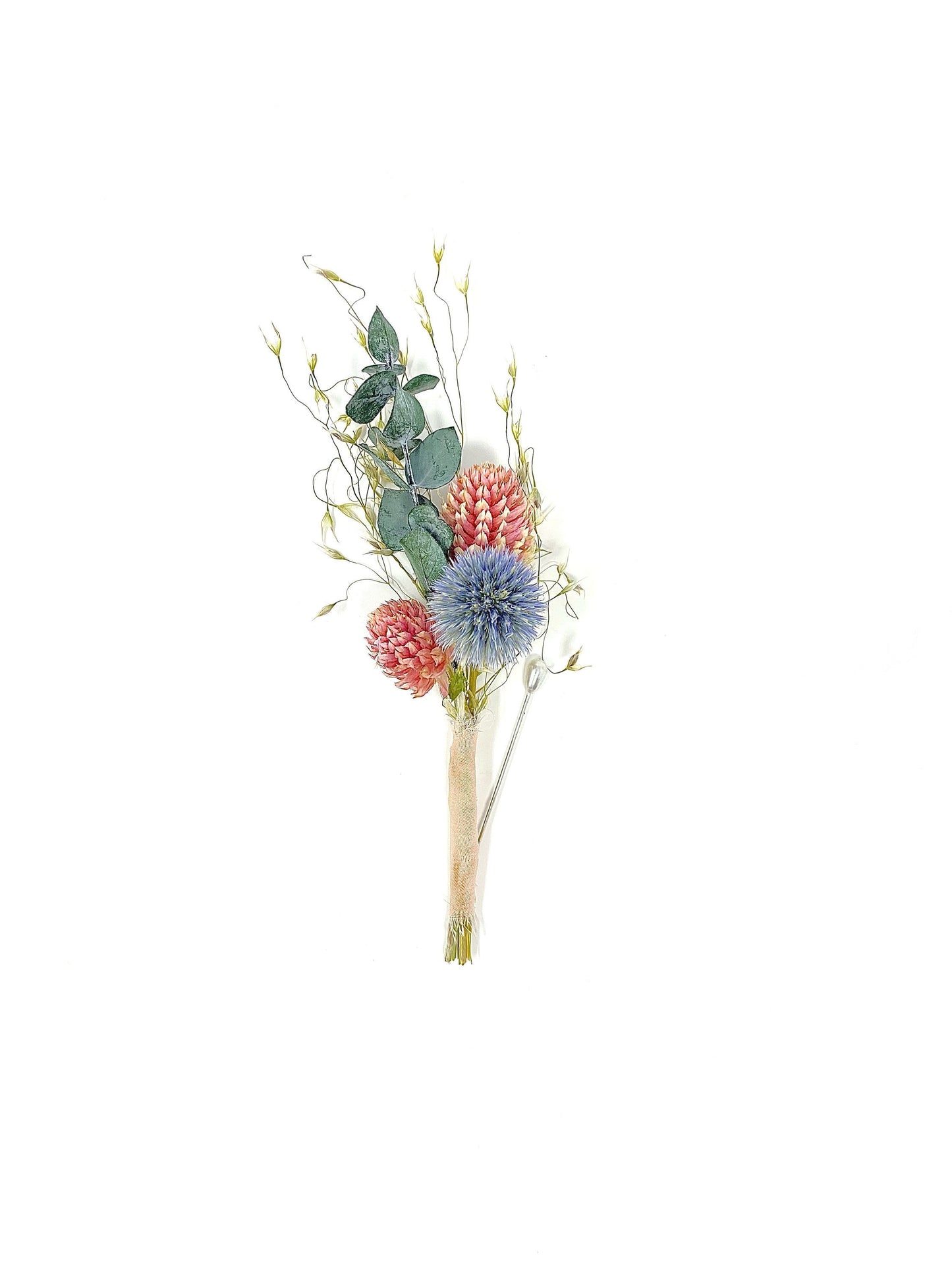 Wedding Boutonniere, Preserved Floral, Dried Flowers, Bridal Accessories, Winter, Decor, Blue and Pink, Eucalyptus, Globe Thistle