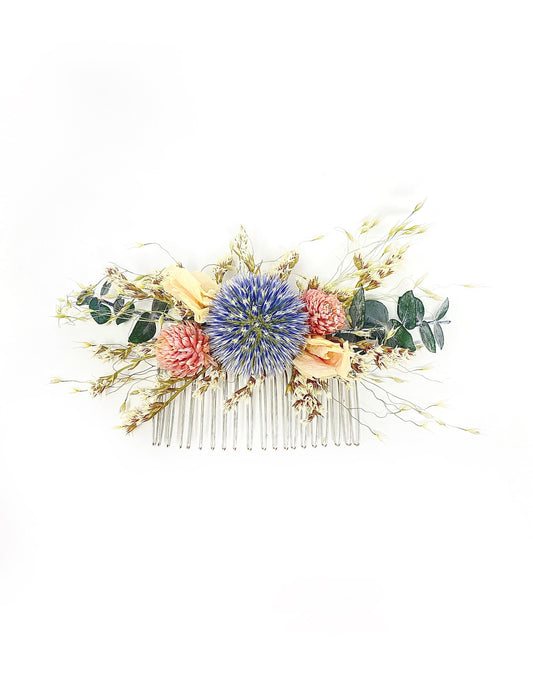 Hair Comb, Dried flowers, Preserved flowers, Floral comb, Hair accessories, Wedding accessory, Globe thistles, Winter, Pink and Blue, Peony