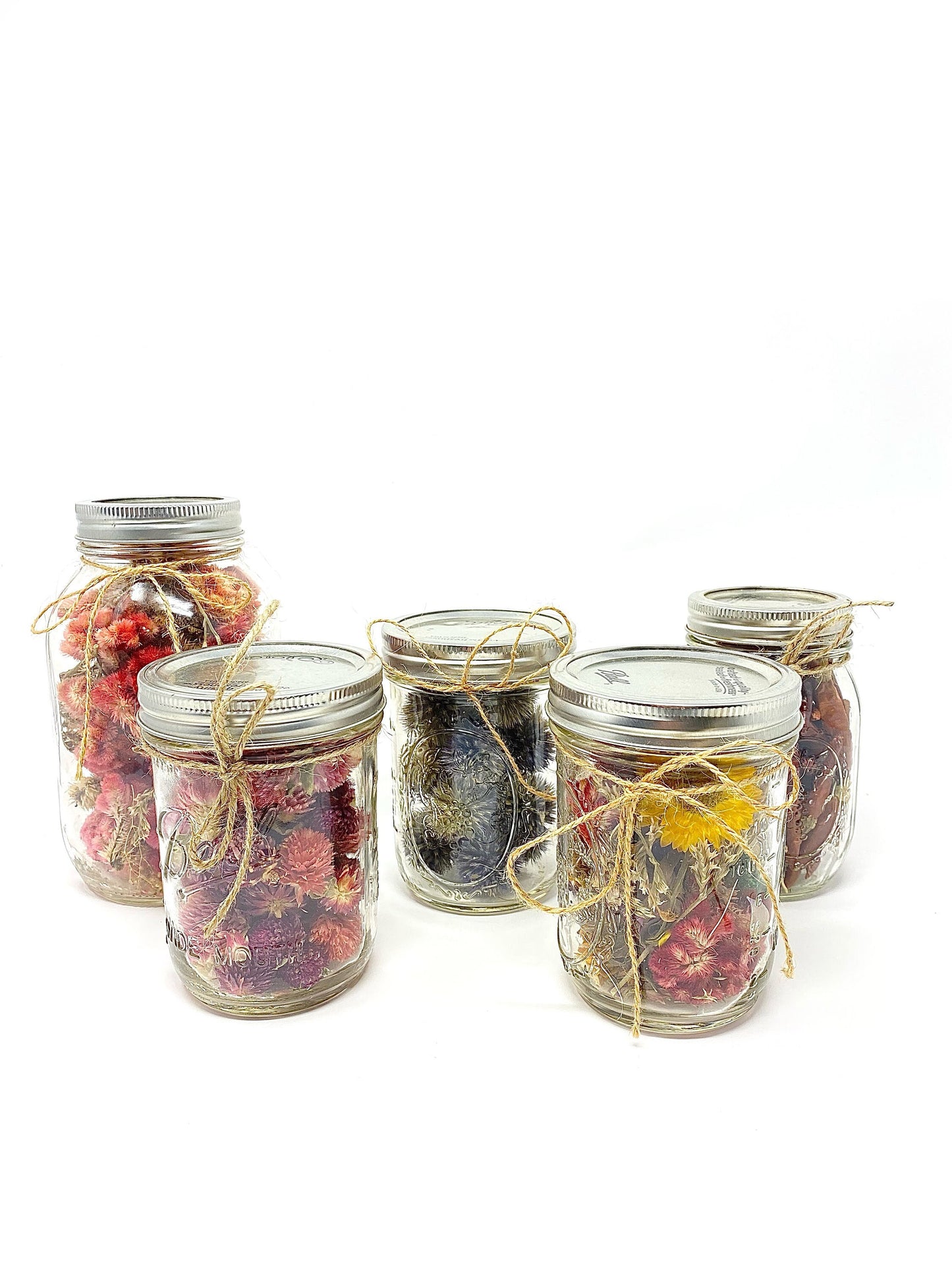 Mason Jars Filled With Dried Flowers, Preserved Floral, Home Decor, Gifts, Globe Amaranth, Pink Blue Red Flowers, Wheat, Peppers