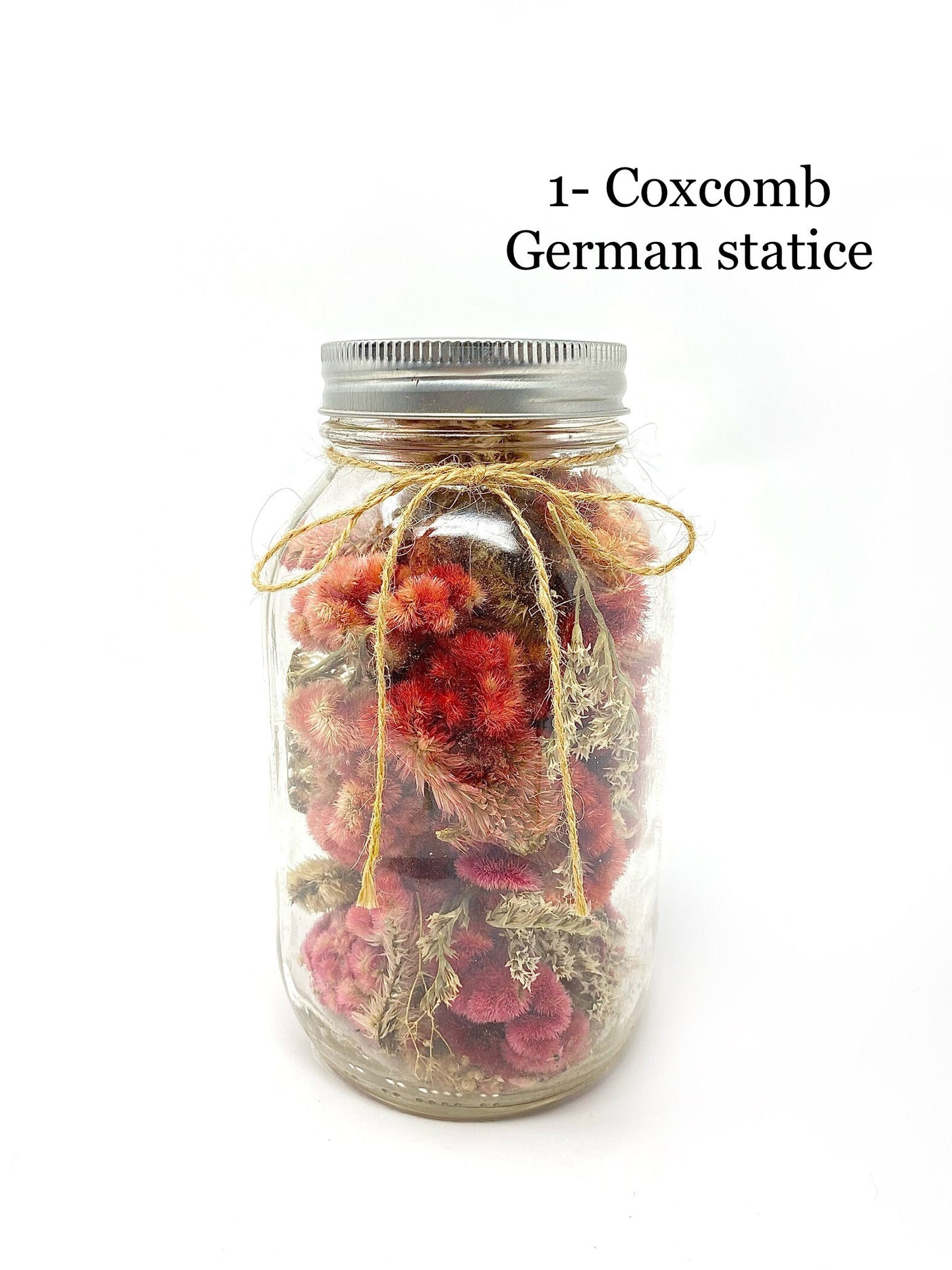 Mason Jars Filled With Dried Flowers, Preserved Floral, Home Decor, Gifts, Globe Amaranth, Pink Blue Red Flowers, Wheat, Peppers