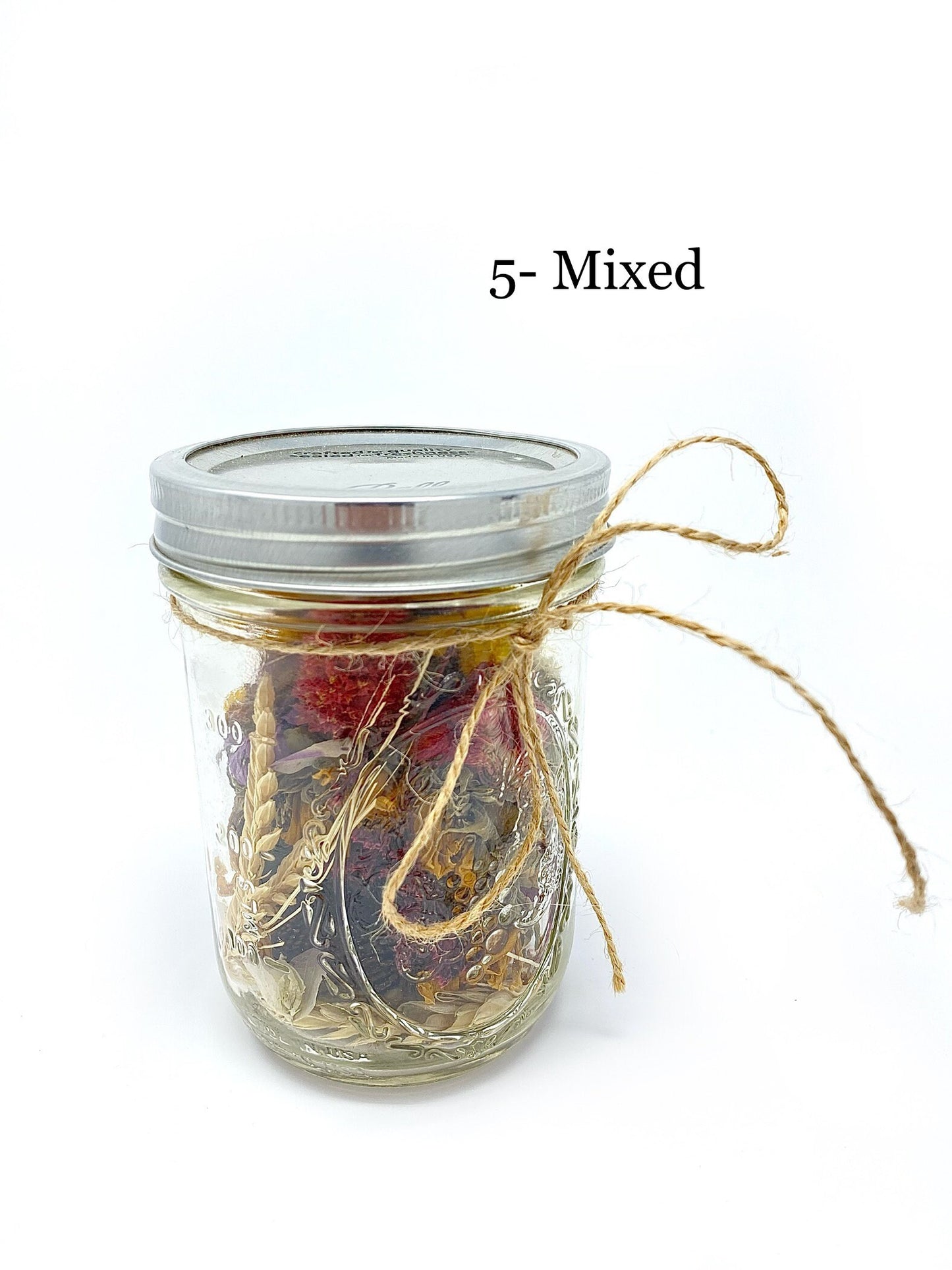 Mason Jars Filled With Dried Flowers, Preserved Floral, Home Decor, Gifts, Globe Amaranth, Pink Blue Red Flowers, Wheat, Peppers