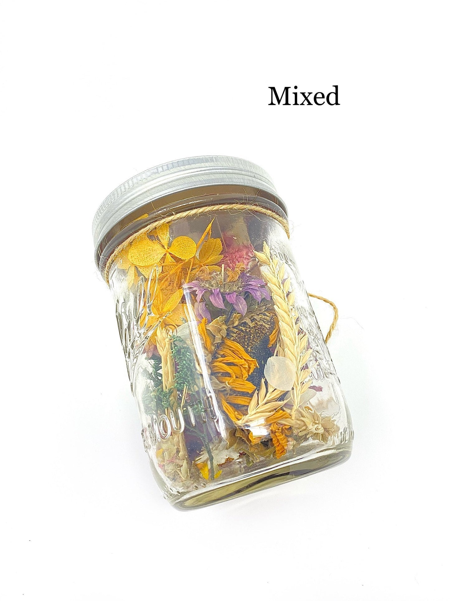 Mason Jars Filled With Dried Flowers, Preserved Floral, Home Decor, Gifts, Globe Amaranth, Pink Blue Red Flowers, Wheat, Peppers