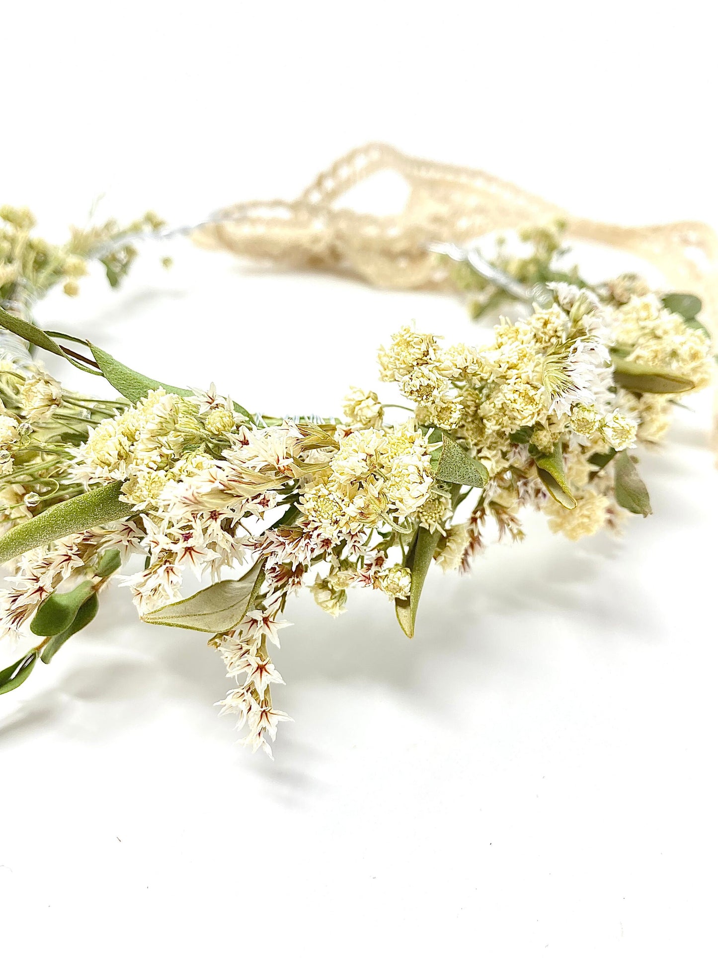 Wedding Head Wreath, Dried Flowers, Preserved Floral, Hair Accessories, Bridal, Greenery, Green and White Crown, German Statice, Photoshoot
