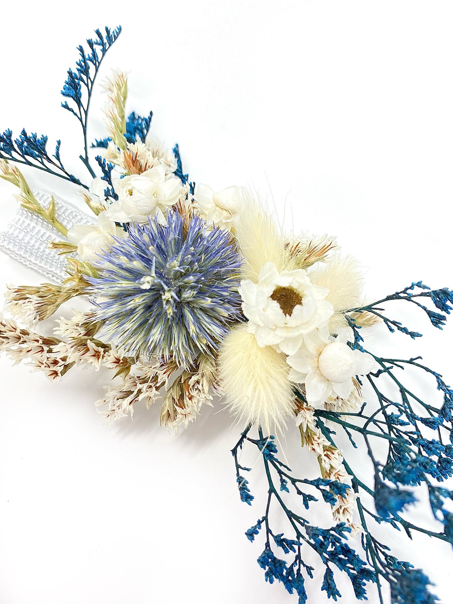 Corsage, Wedding Accessories, Dried Flowers, Preserved Floral, Blue and White, Globe Thistle, Hand Decor, Ammobium, Caspia
