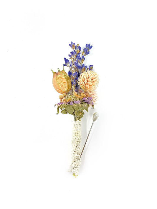 Boutonniere, Dried Flowers, Wedding Accessories, Preserved Floral, Bridal, Lavender, Nigella, Pink and Purple, Blue