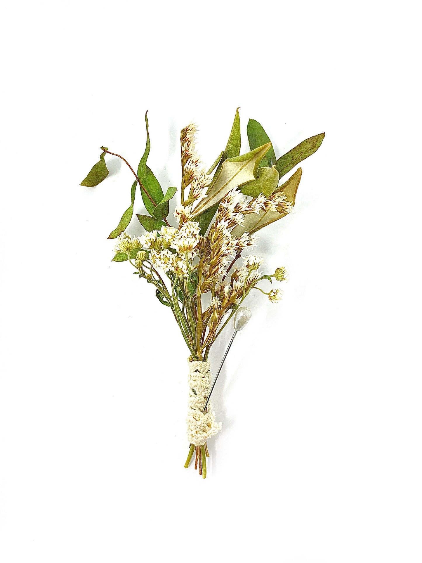Wedding Boutonniere, Dried Flowers, Preserved Flowers, Bridal Accessories, Greenery, White and Green, German Statice