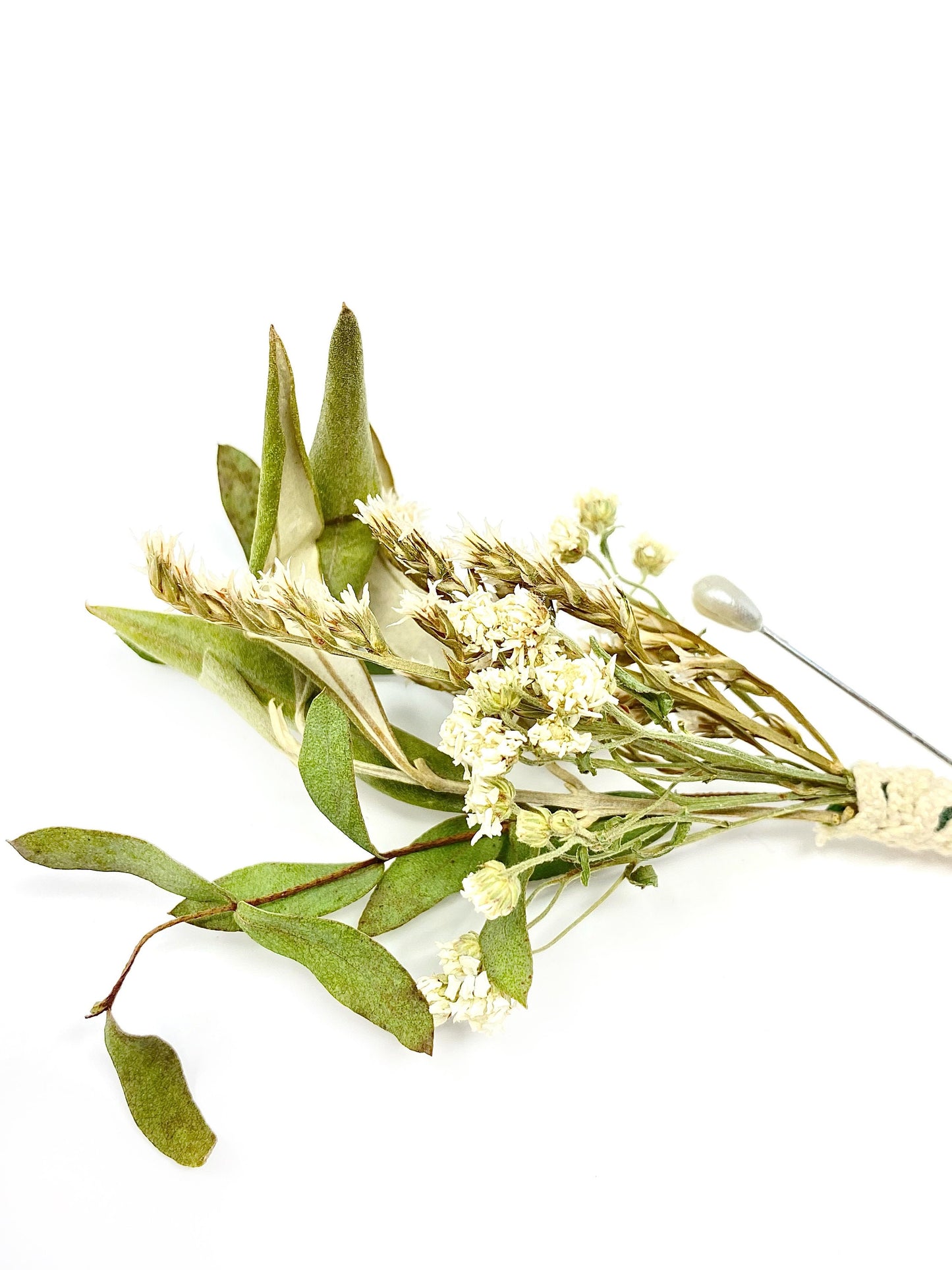 Wedding Boutonniere, Dried Flowers, Preserved Flowers, Bridal Accessories, Greenery, White and Green, German Statice