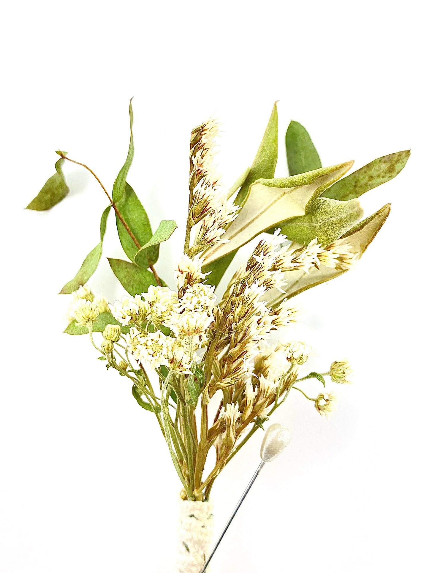 Wedding Boutonniere, Dried Flowers, Preserved Flowers, Bridal Accessories, Greenery, White and Green, German Statice