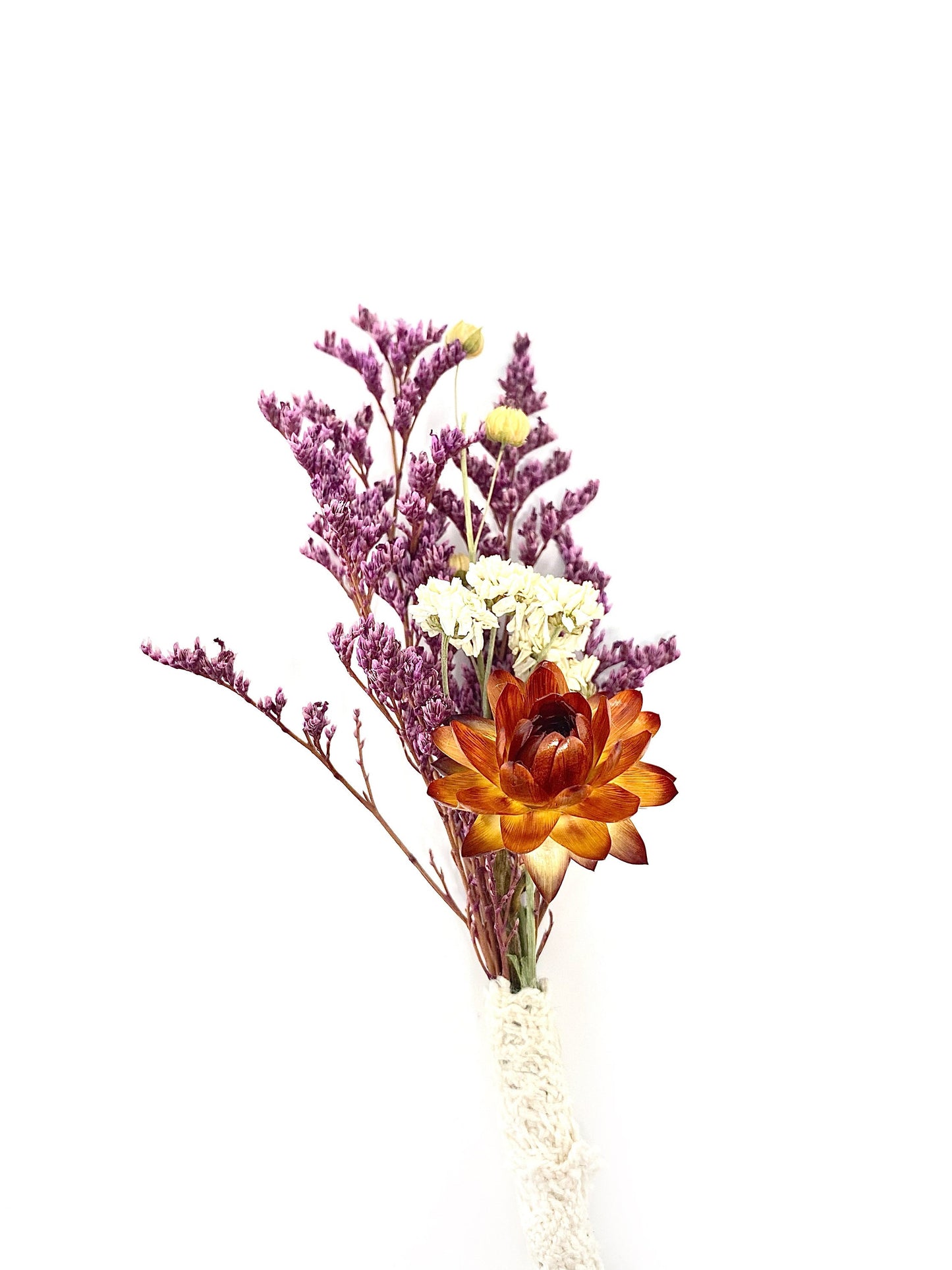 Boutonniere, Dried Flowers, Wedding Accessories, Preserved Floral, Bridal, Strawflower, Purple and Orange, Caspia