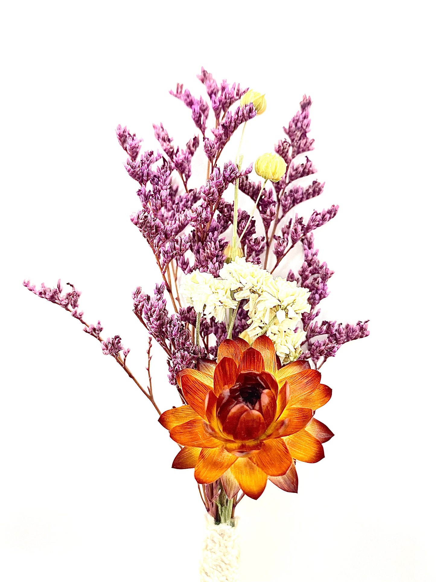 Boutonniere, Dried Flowers, Wedding Accessories, Preserved Floral, Bridal, Strawflower, Purple and Orange, Caspia