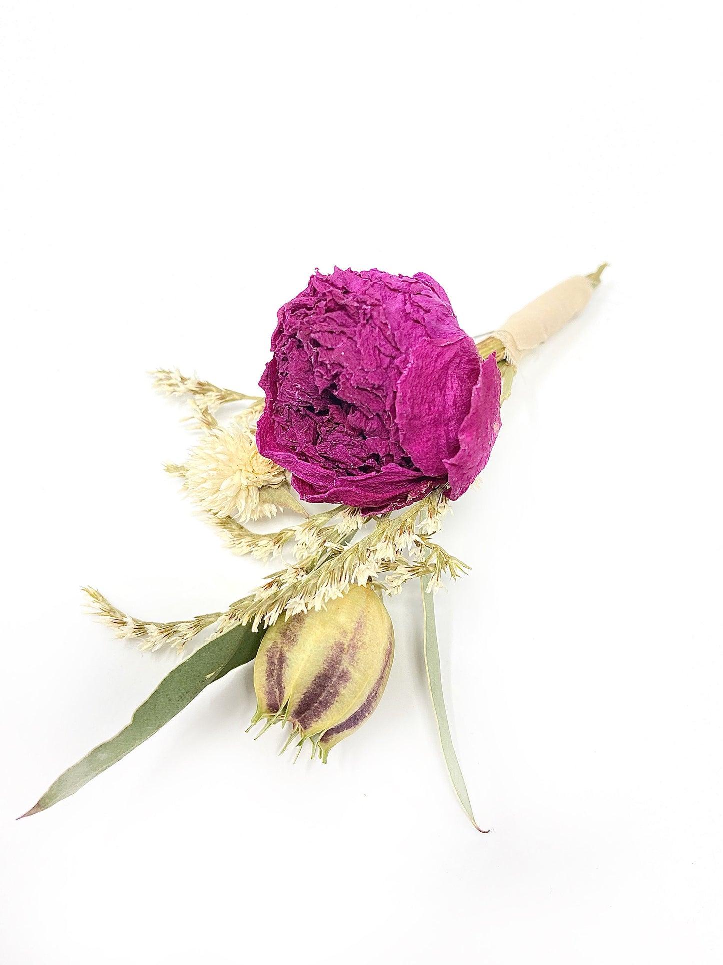 Wedding Boutonniere, Dried Flowers, Preserved Floral, Peony, Decor, Bridal Accessories, German Statice, Greenery, Purple and Green