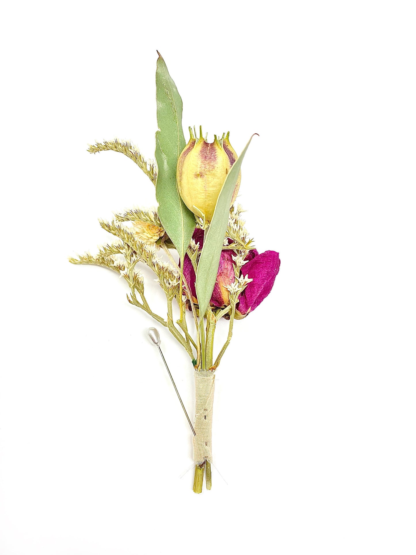 Wedding Boutonniere, Dried Flowers, Preserved Floral, Peony, Decor, Bridal Accessories, German Statice, Greenery, Purple and Green