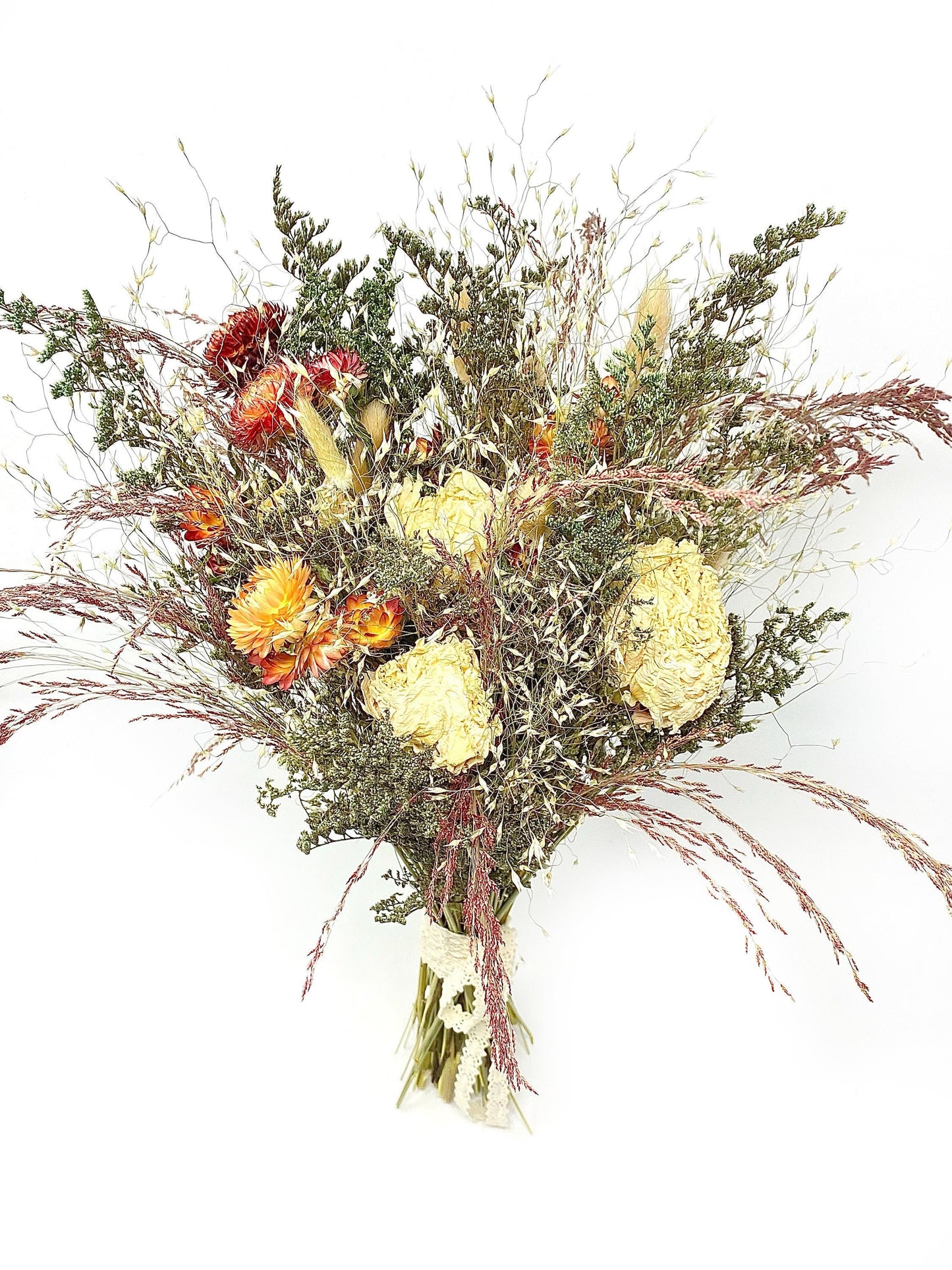 Wedding Bouquet, Dried Flowers, Strawflowers, Preserved Floral, Bridal, Ribbon, Peonies, Simple, Green and White, Bunny Tails, Red Silk
