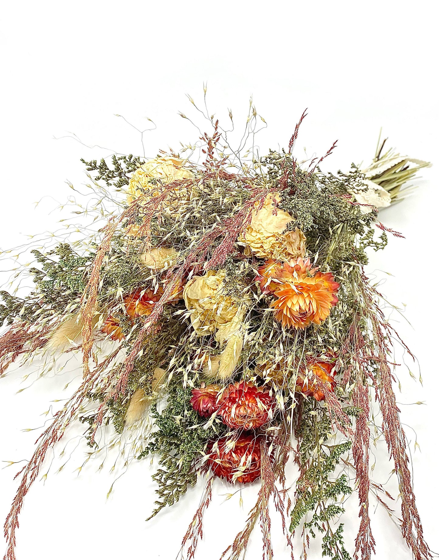 Wedding Bouquet, Dried Flowers, Strawflowers, Preserved Floral, Bridal, Ribbon, Peonies, Simple, Green and White, Bunny Tails, Red Silk