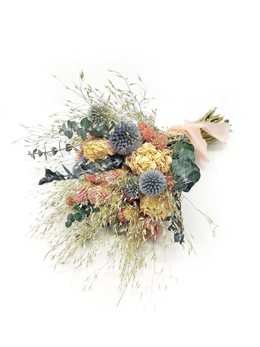 Wedding Bouquet, Dried Flowers, Preserved Floral, Peonies, Pink and Blue, Eucalyptus, Bridal, Globe Thistle, Cream, Spring Bouquet