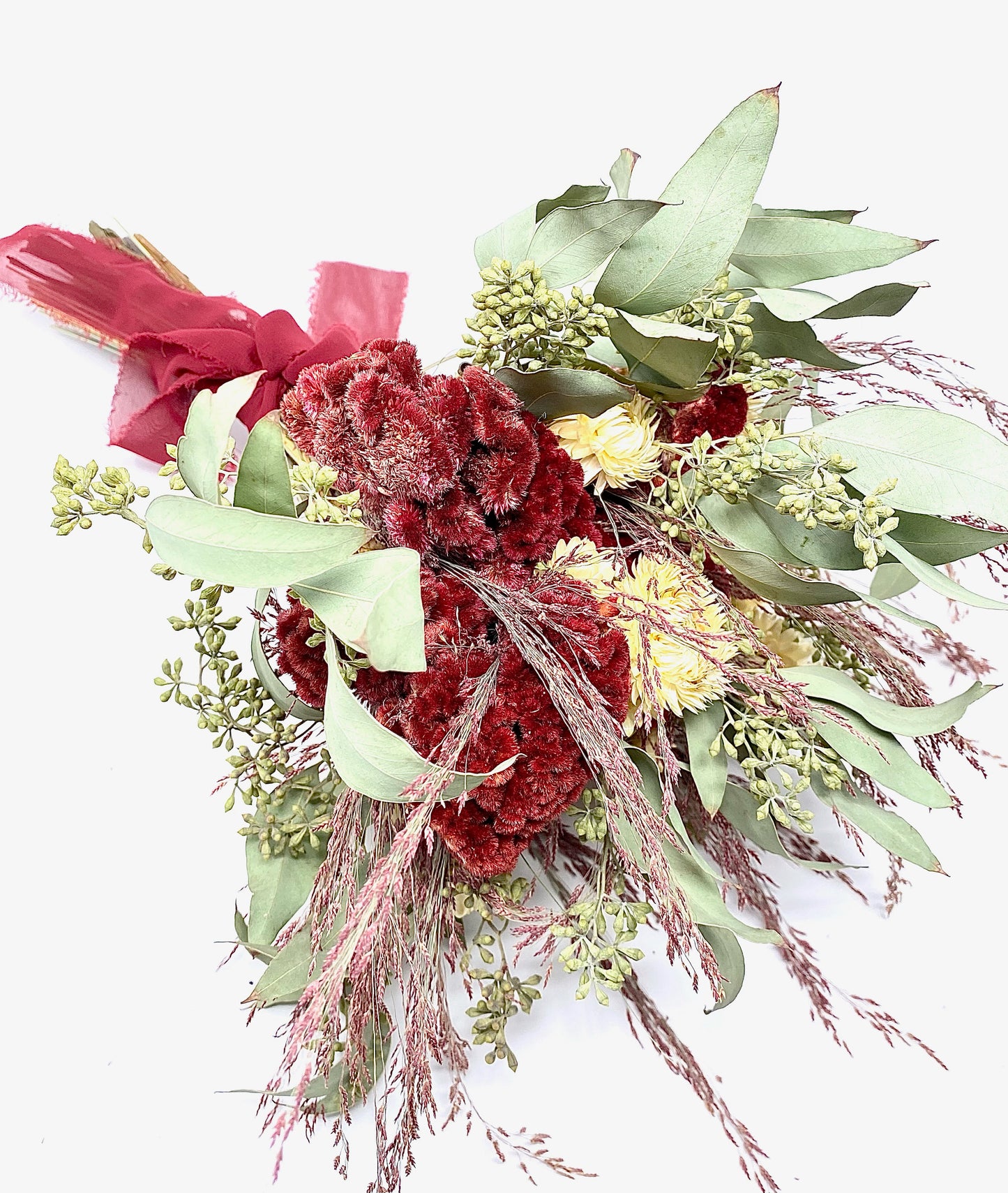 Christmas Bouquet, Dried Flowers, Bridal, Preserved Floral, Coxcomb, Strawflower, Greenery, Red and Green, Ruby silk, Burgundy