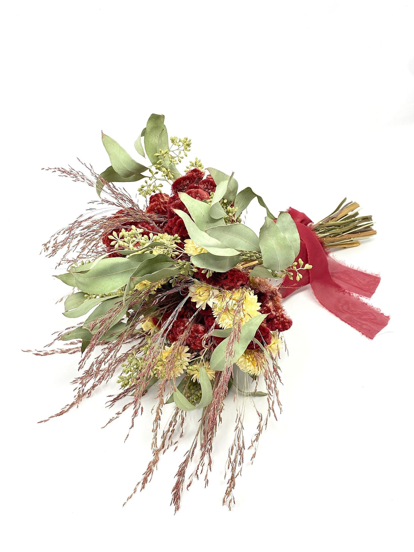 Christmas Bouquet, Dried Flowers, Bridal, Preserved Floral, Coxcomb, Strawflower, Greenery, Red and Green, Ruby silk, Burgundy