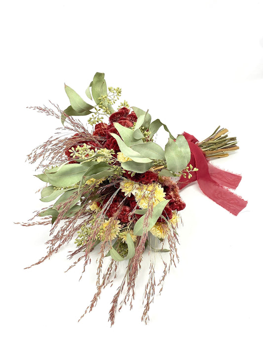 Christmas Bouquet, Dried Flowers, Bridal, Preserved Floral, Coxcomb, Strawflower, Greenery, Red and Green, Ruby silk, Burgundy