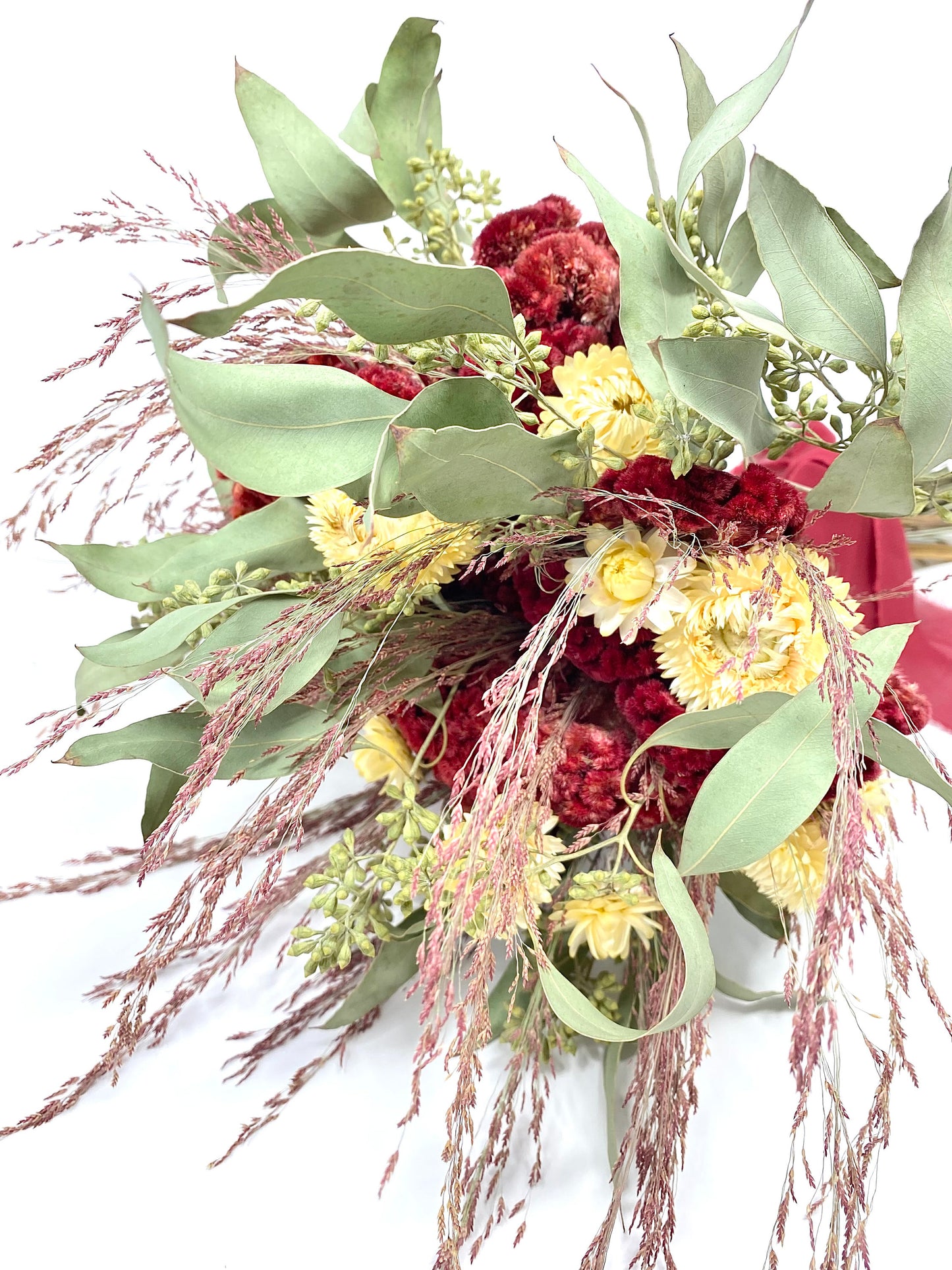 Christmas Bouquet, Dried Flowers, Bridal, Preserved Floral, Coxcomb, Strawflower, Greenery, Red and Green, Ruby silk, Burgundy