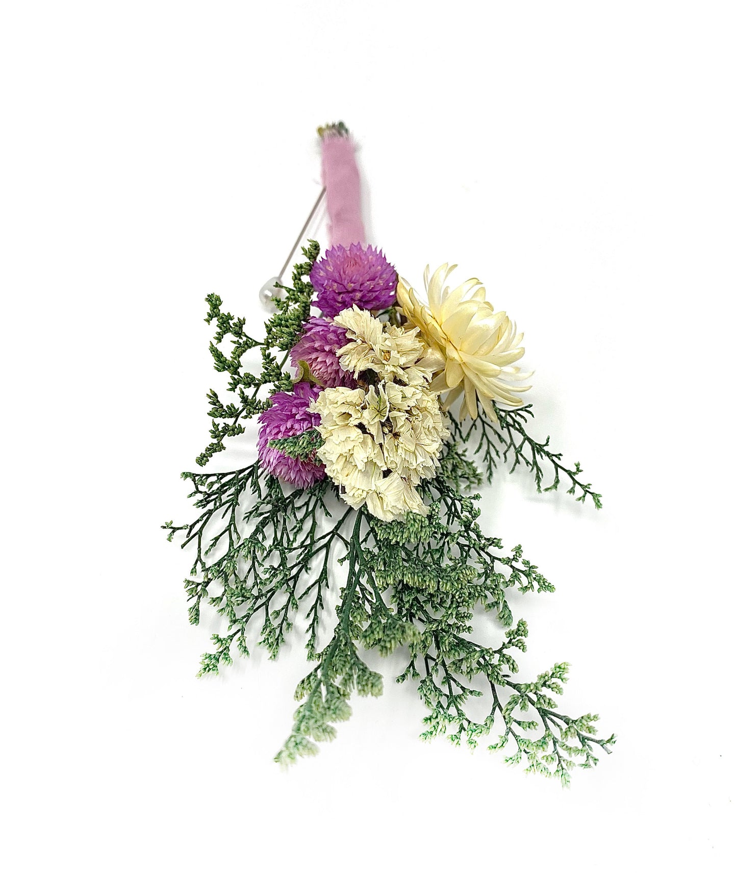 Boutonniere, Wedding Accessories, Dried Flowers, Preserved Floral, Bridal, Decor, Pink and White, Strawflowers, Green