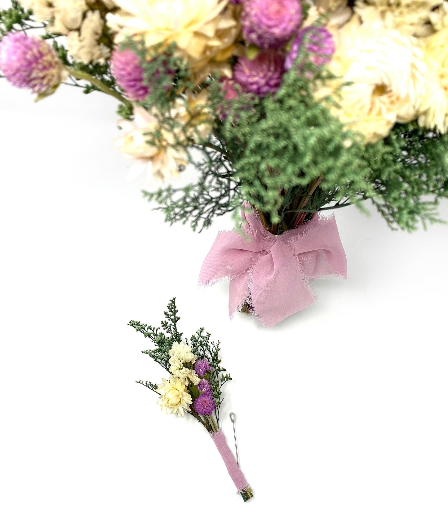 Boutonniere, Wedding Accessories, Dried Flowers, Preserved Floral, Bridal, Decor, Pink and White, Strawflowers, Green